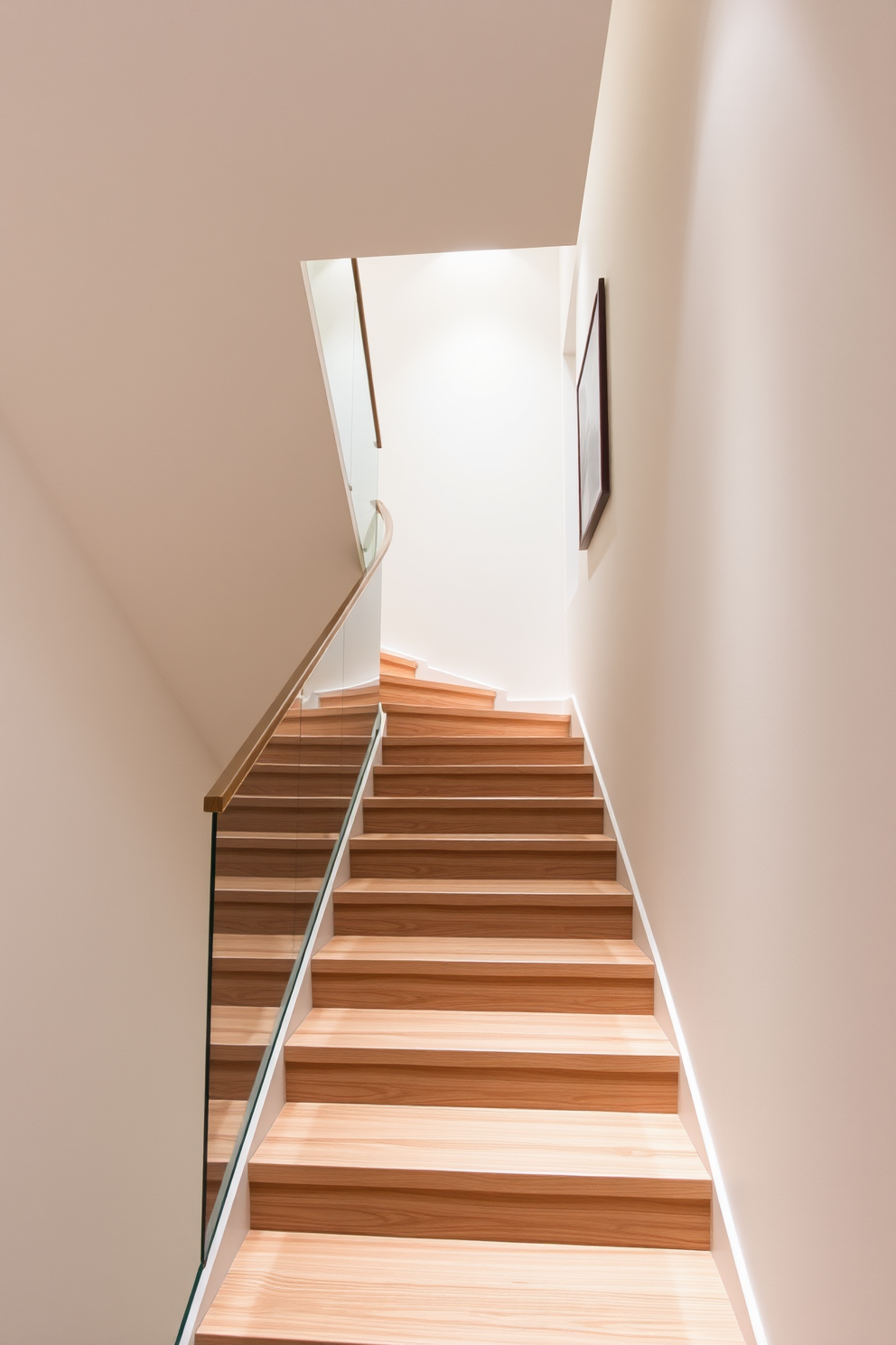 Narrow staircase with elegant railing. The staircase features sleek wooden steps and a glass panel railing that creates an airy feel. Soft, ambient lighting highlights the minimalist design, while a neutral color palette enhances the sense of space. Simple artwork is displayed on the walls, adding a touch of sophistication without overwhelming the design.