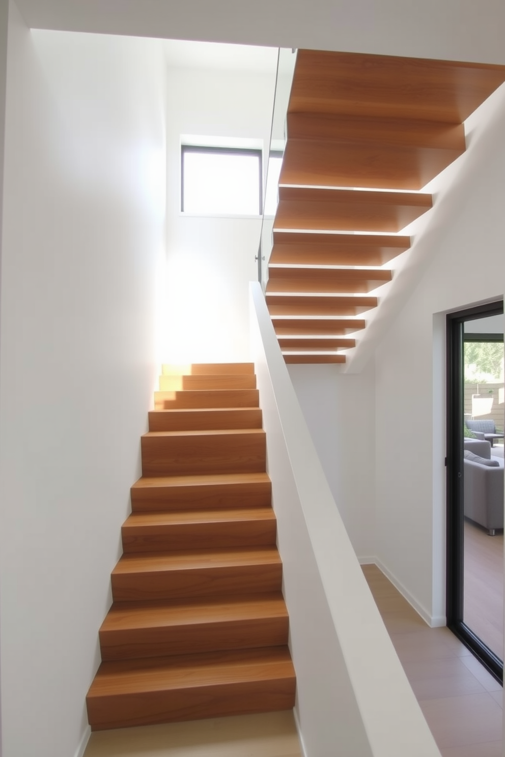 A floating staircase with hidden supports elegantly ascends through the space, creating an airy and open atmosphere. The treads are made of rich hardwood, seamlessly blending with the surrounding walls, which are painted in a soft white hue. The minimalist design features sleek lines and a glass railing that enhances the sense of lightness. Natural light streams in from a nearby window, illuminating the staircase and highlighting its modern aesthetic.