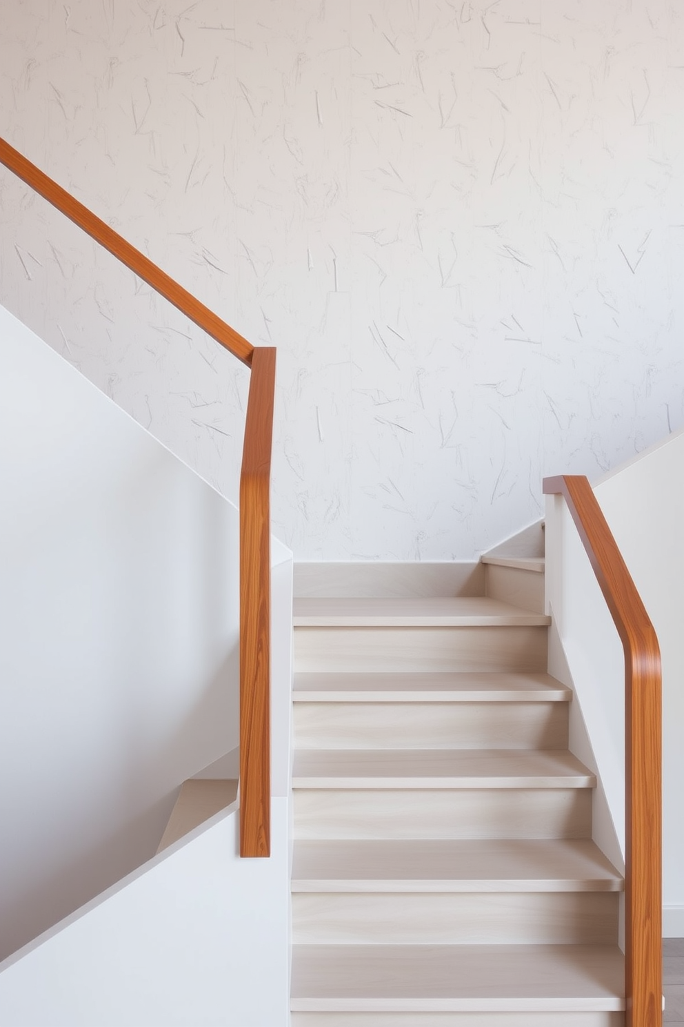 A minimalist staircase design features clean lines and a sleek wooden handrail. The backdrop showcases a textured wall that adds depth and interest to the space.