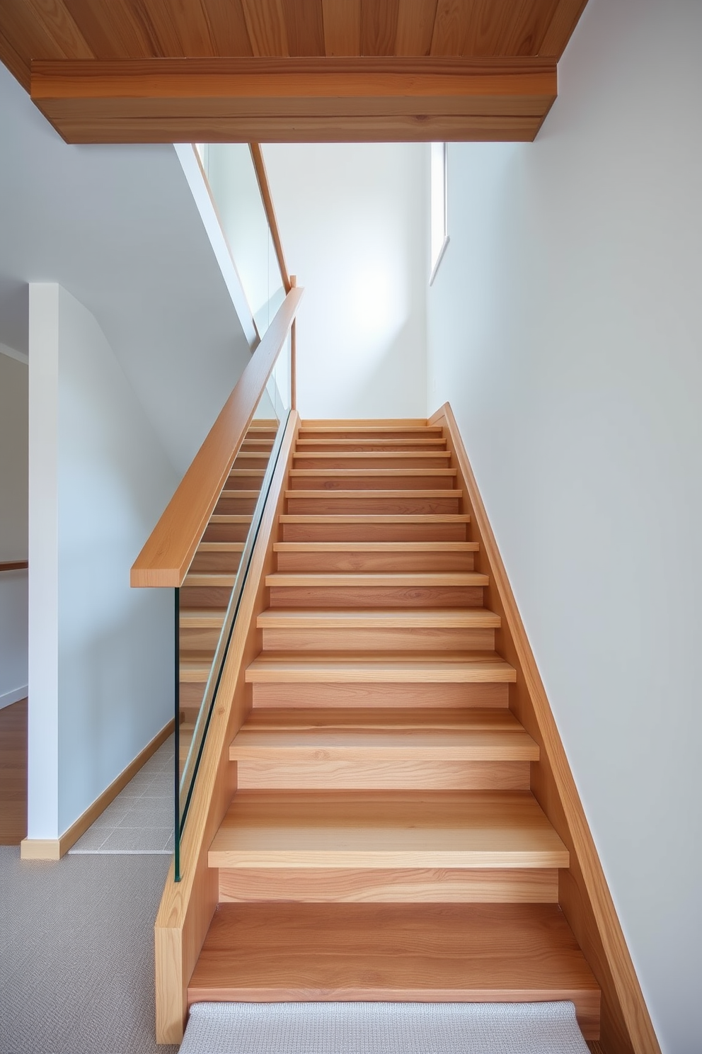 A minimalist staircase design featuring reclaimed wood materials. The staircase has sleek lines and an open riser design, allowing light to flow through the space.