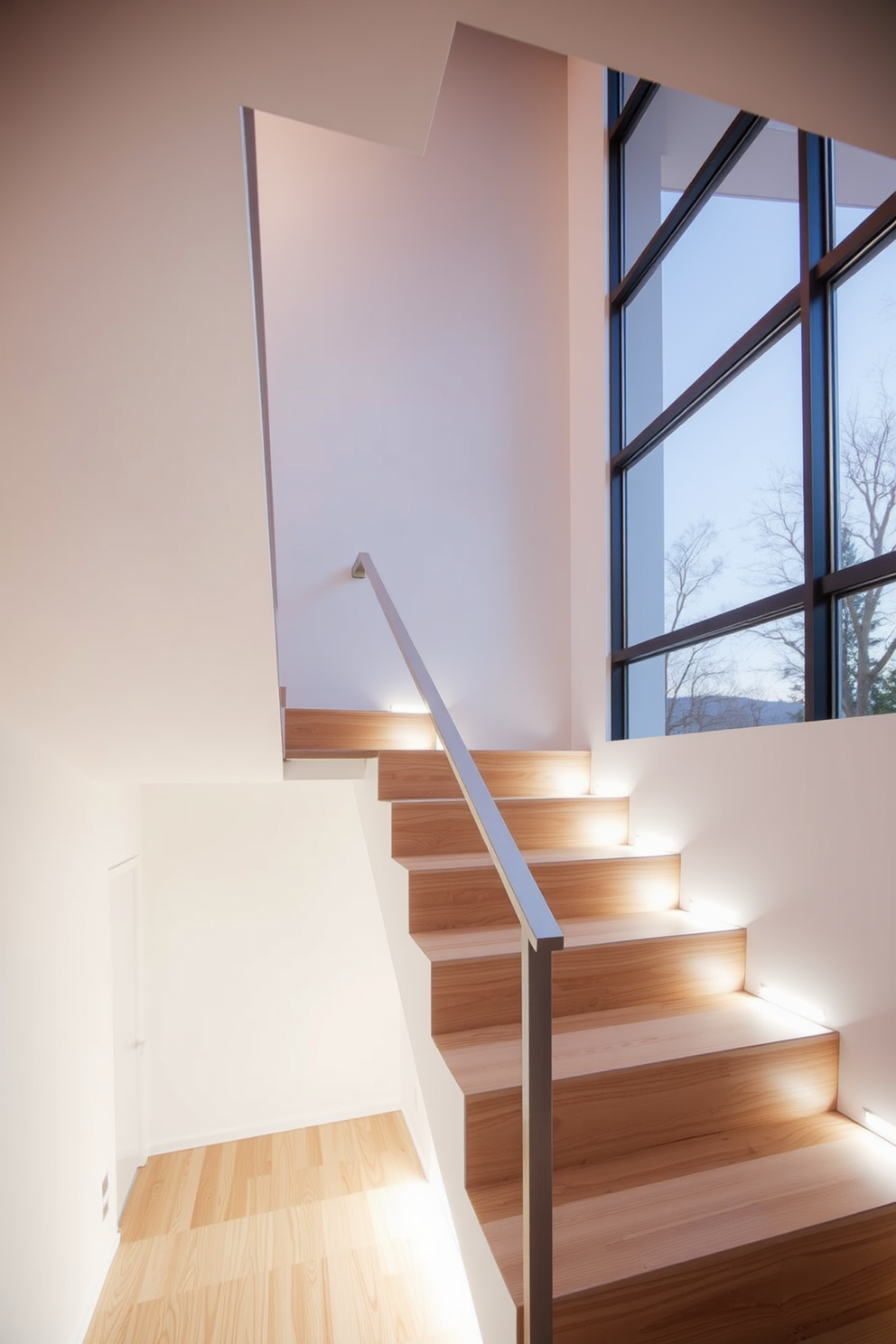 A minimalist staircase features clean lines and a sleek design, seamlessly transitioning into the surrounding flooring. The steps are made of light wood, creating a harmonious flow with the natural wood flooring that extends throughout the space.