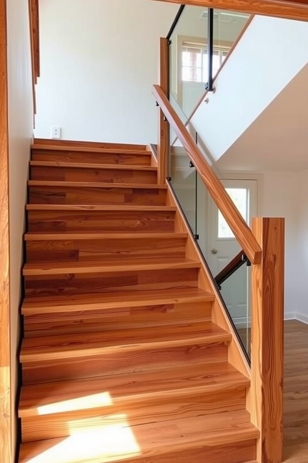 A rustic staircase with clean lines features wooden steps and a sturdy handrail made from reclaimed wood. The design emphasizes simplicity and natural textures, creating a warm and inviting focal point in the home. Minimalist staircase design ideas incorporate sleek, unobtrusive elements to maintain an open and airy feel. The use of glass or metal railings enhances the modern aesthetic while allowing light to flow through the space.