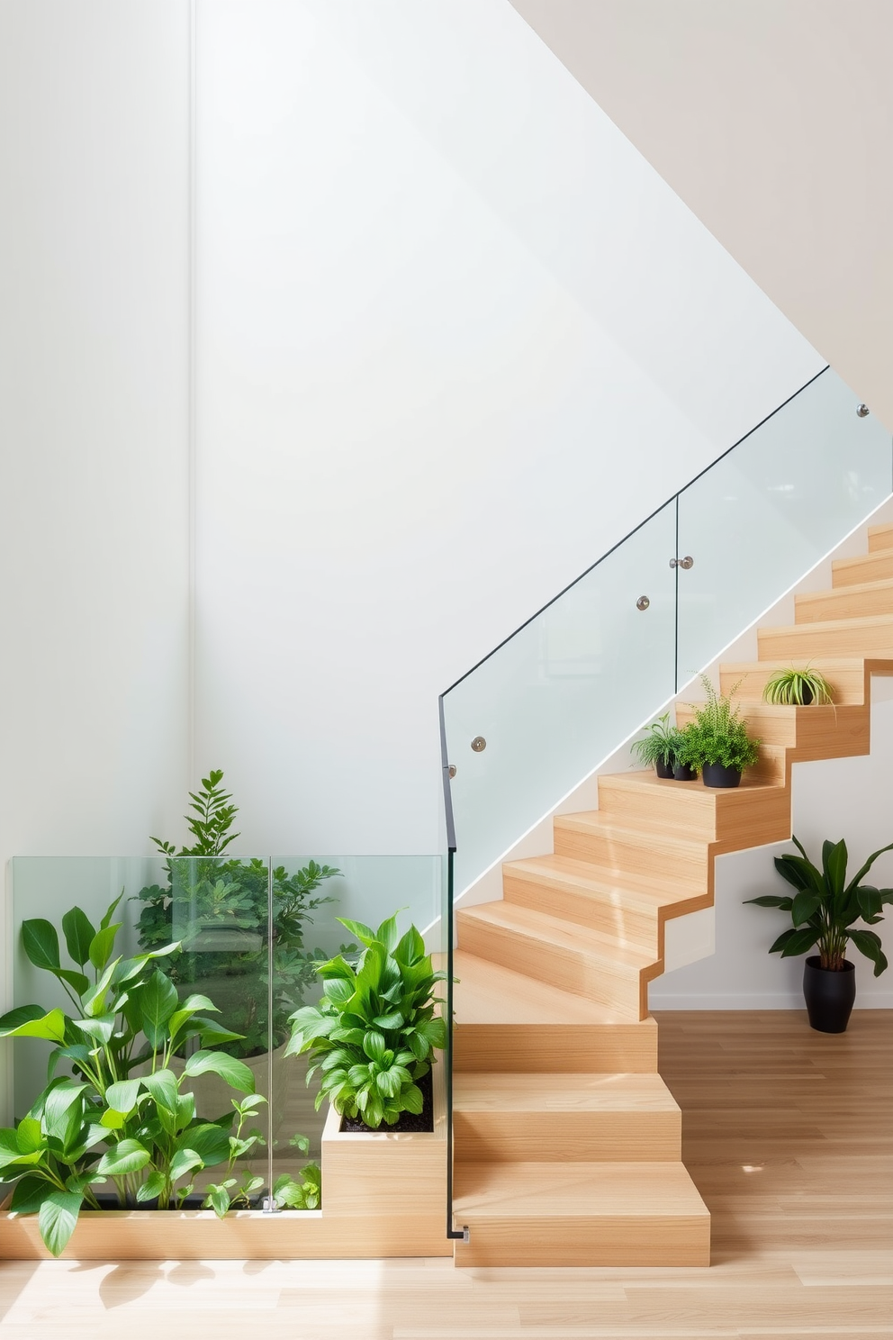 A sleek staircase features integrated planters along the railing, showcasing lush greenery that enhances the airy feel of the space. The steps are made of light wood, complemented by a clean white wall that reflects natural light, creating a serene and inviting atmosphere. The minimalist design emphasizes simplicity, with a floating staircase that appears to defy gravity. Large glass panels serve as a guardrail, allowing unobstructed views of the plants while maintaining an open and spacious ambiance.