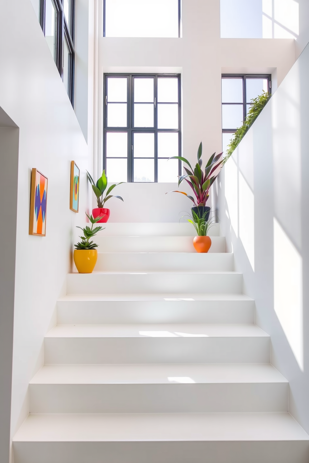 A white staircase features sleek lines and a smooth finish that creates an inviting atmosphere. Colorful accents such as vibrant artwork and decorative plants are strategically placed to enhance the minimalist aesthetic. The staircase is illuminated by natural light streaming through large windows, highlighting its elegant design. Each step is adorned with a subtle splash of color, making the space feel lively and dynamic.