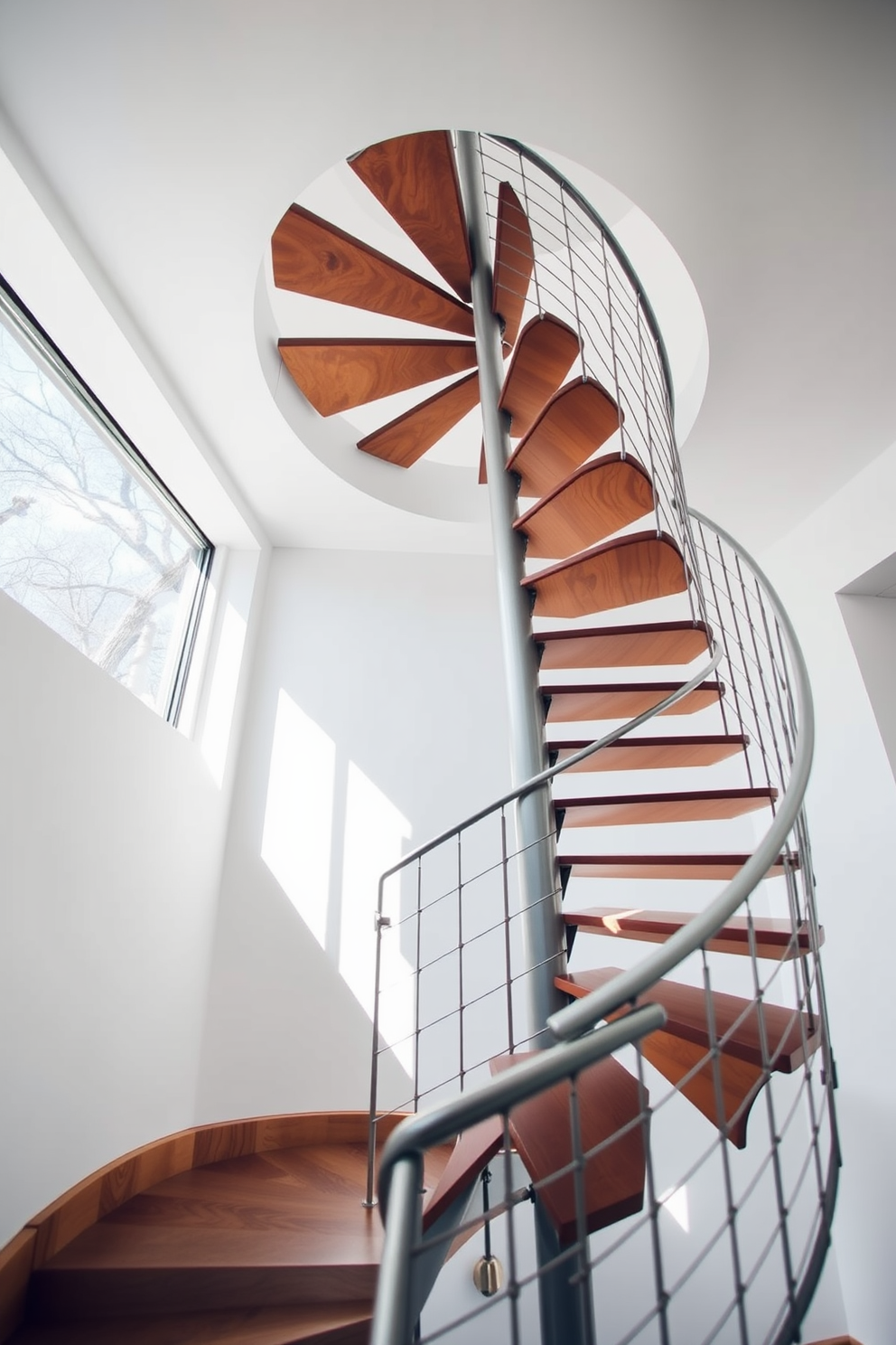 A stunning spiral staircase with an open design gracefully ascends to the upper level. The treads are made of polished wood, and the railing is a sleek metal that complements the airy feel of the space. The staircase is illuminated by natural light streaming in through large windows nearby. The surrounding walls are painted in a soft white, enhancing the minimalist aesthetic of the overall design.