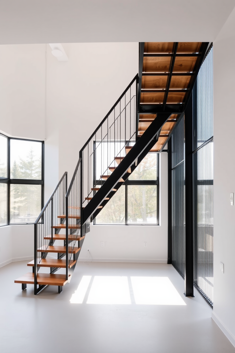 A minimalist metal staircase with sleek lines and a modern aesthetic. The staircase features wooden accents on the treads and railing, creating a warm contrast against the cool metal structure. Surrounding the staircase, large windows allow natural light to flood the space, enhancing the airy feel. The walls are painted in a soft white, providing a clean backdrop that highlights the staircase's design.