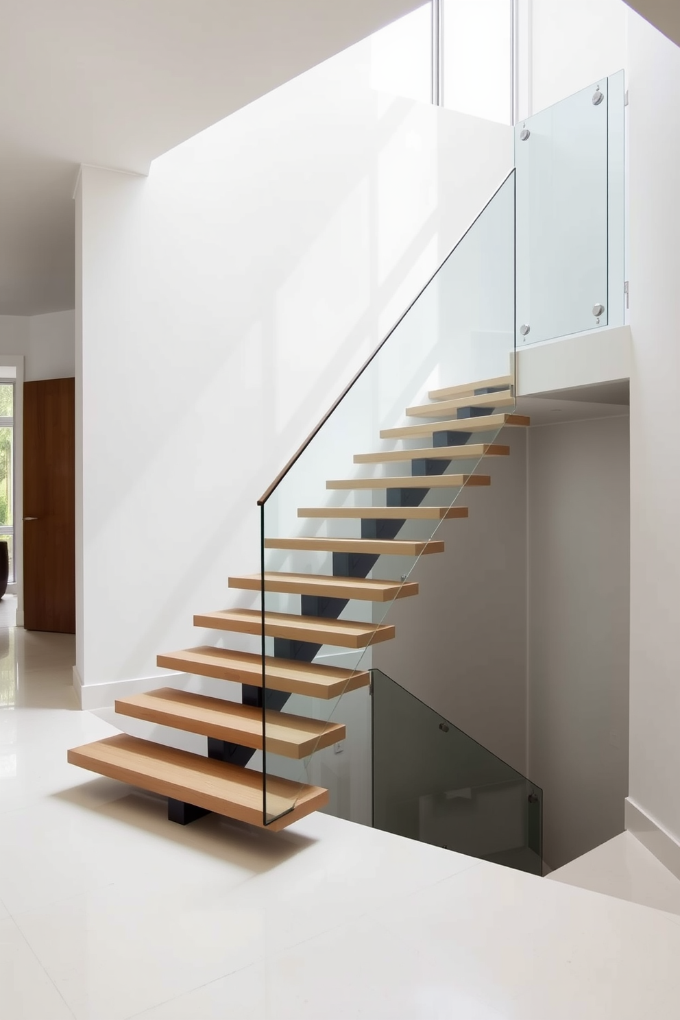 A minimalist staircase design features floating steps that create an illusion of space and lightness. Underneath each step, soft LED lighting illuminates the staircase, enhancing its modern aesthetic. The steps are crafted from natural wood, showcasing a sleek finish that complements the surrounding decor. A glass railing provides safety while maintaining an open and airy feel throughout the area.