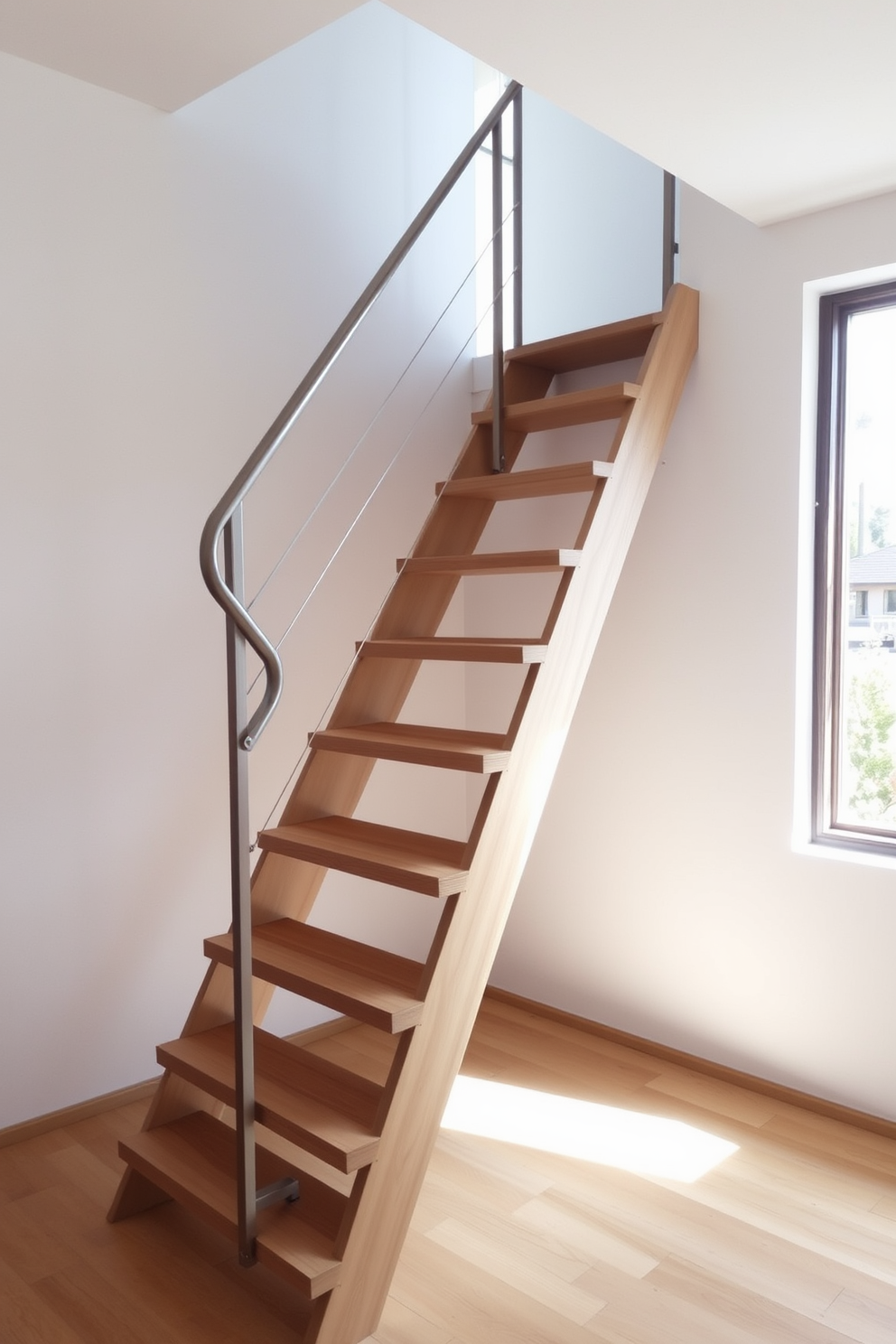 A ladder-style staircase designed for small spaces features sleek wooden steps that ascend at a gentle angle. The staircase is complemented by a simple metal railing, creating an airy and open feel in the room. The minimalist staircase design incorporates clean lines and a monochromatic color palette. Natural light streams in through a nearby window, highlighting the elegant simplicity of the space.