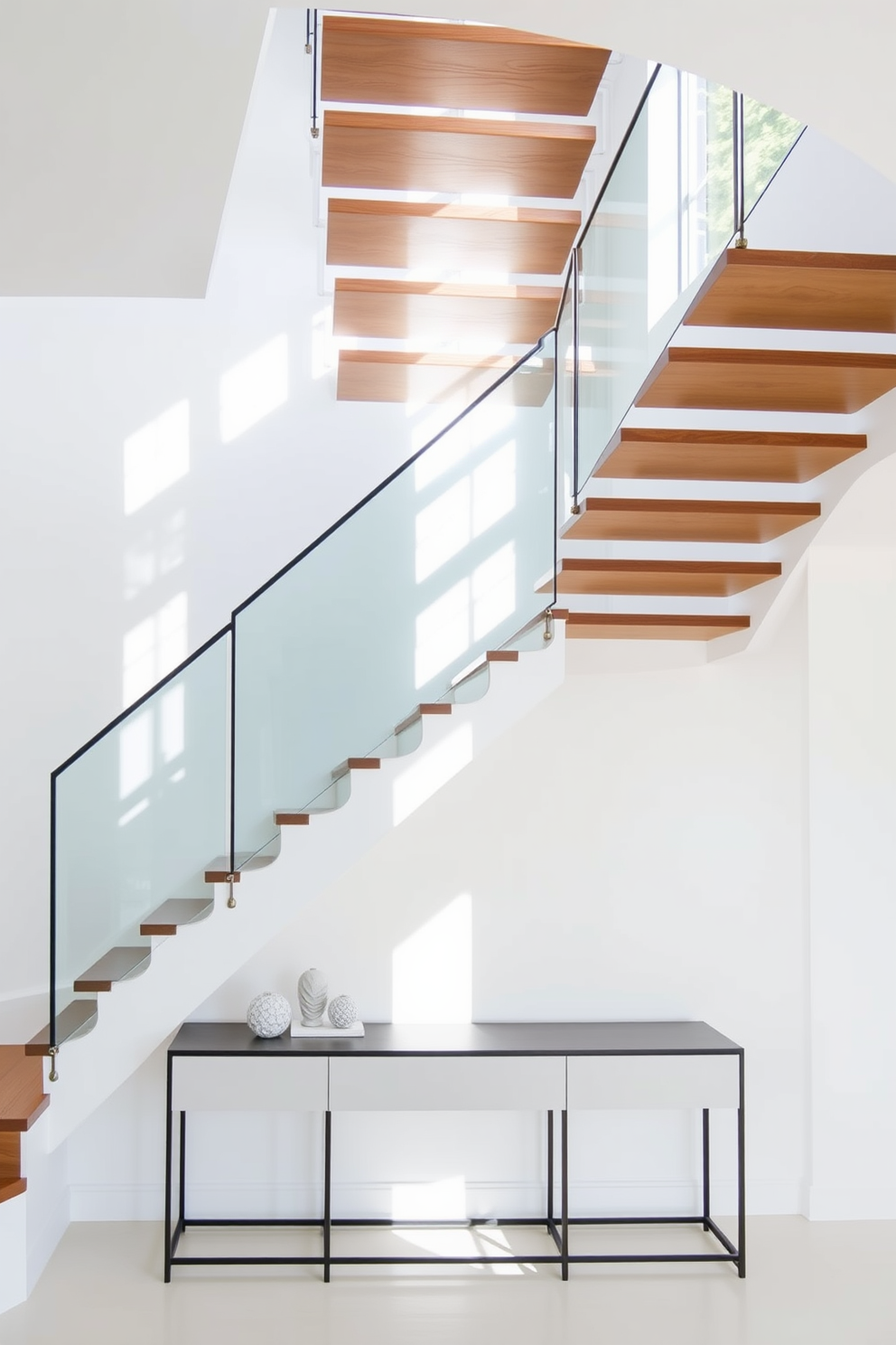 An open riser staircase with a sleek design features wooden treads and a glass railing that creates a sense of openness. The staircase is illuminated by natural light streaming in from a nearby window, enhancing its minimalist aesthetic. The walls are painted in a soft white hue, providing a clean backdrop for the staircase. Below, a simple yet elegant console table complements the design, adorned with a few carefully chosen decorative pieces.