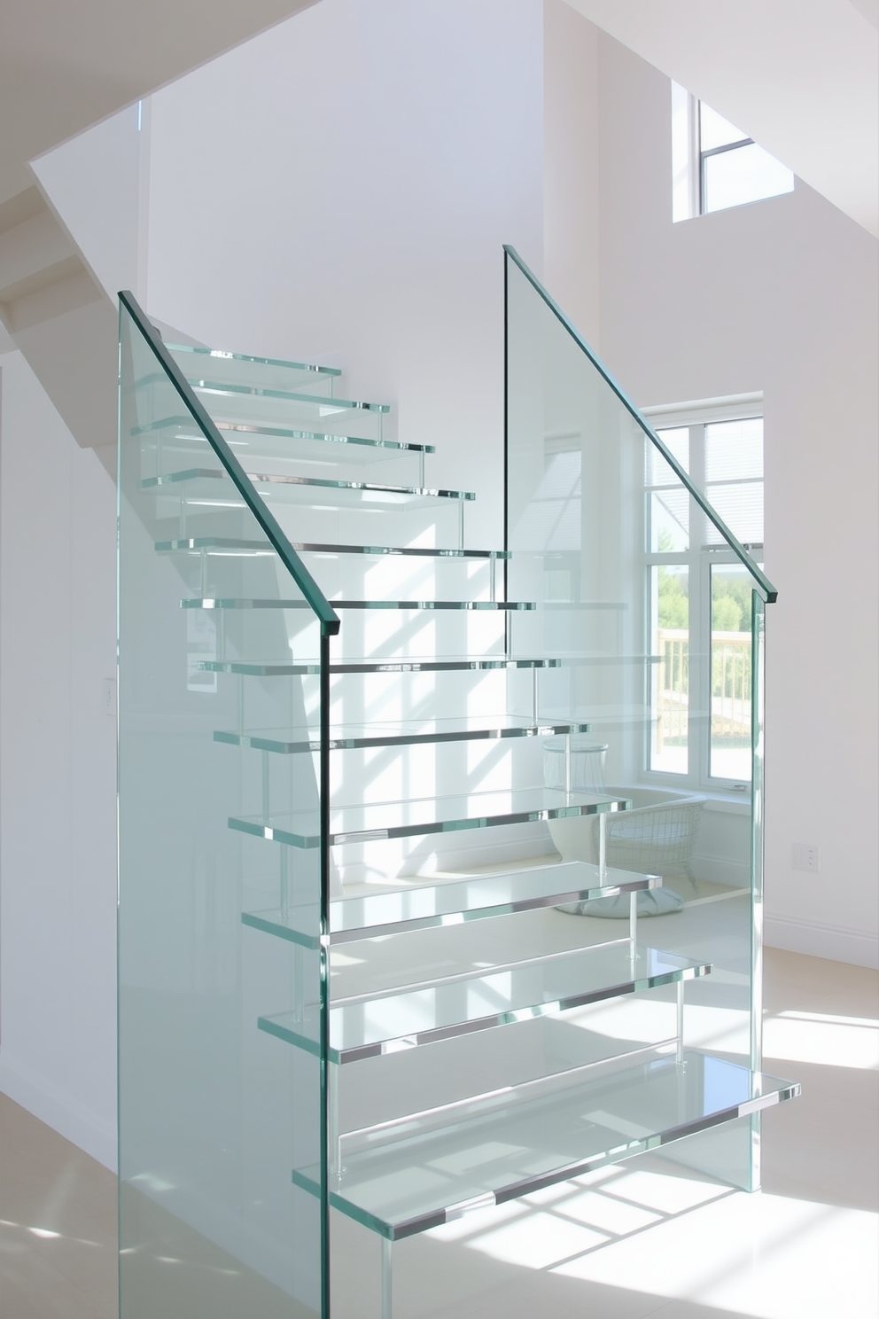 A stunning curved staircase gracefully ascends, featuring a sleek minimalist handrail that seamlessly blends into the overall design. The staircase is illuminated by soft, ambient lighting, highlighting the smooth lines and elegant contours of the architecture. The steps are crafted from light-colored wood, creating a warm contrast against the crisp white walls. Below the staircase, a small, stylish console table adds functionality while maintaining the minimalist aesthetic.