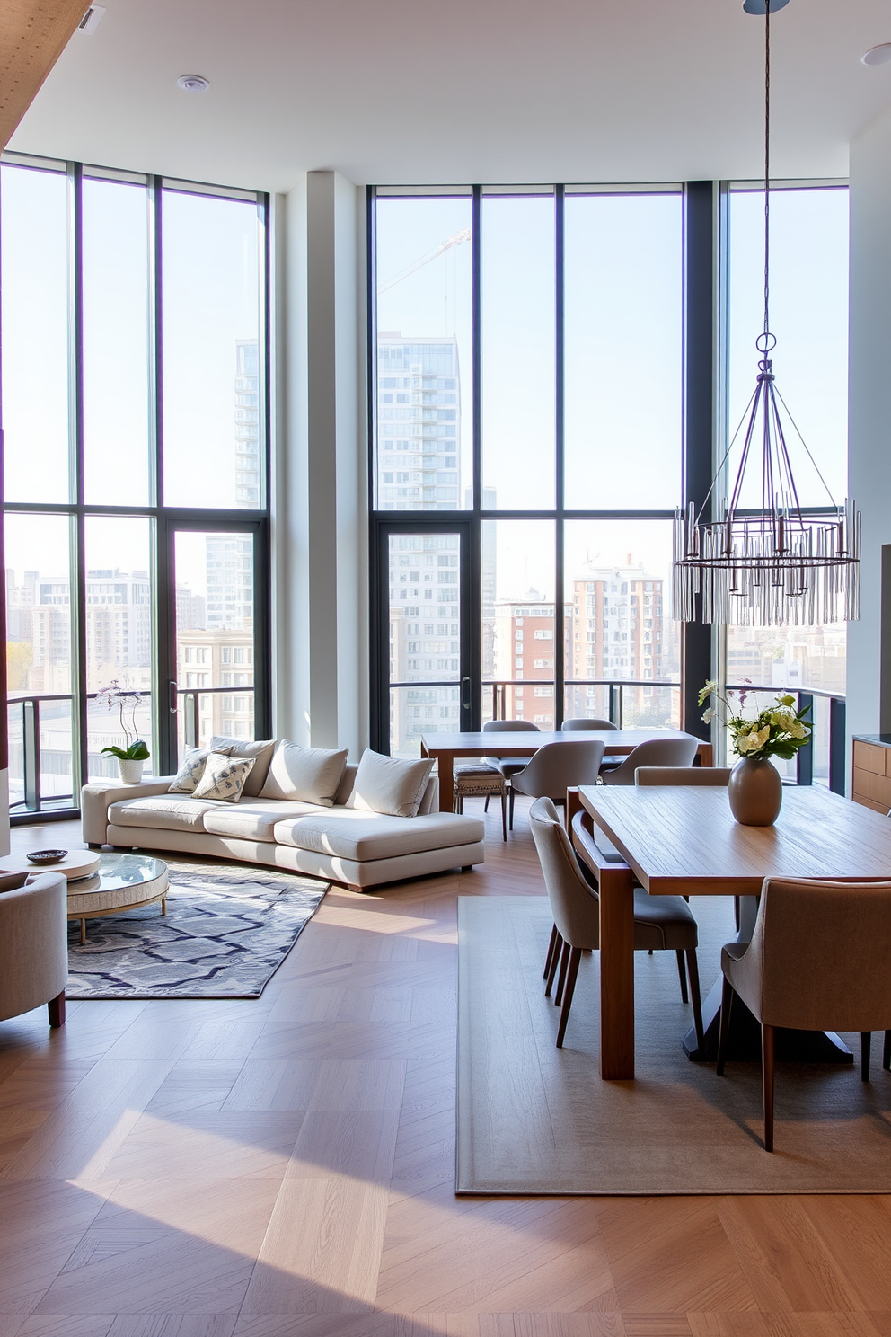 A spacious open concept living and dining area features large windows that allow natural light to flood the space. The living area is adorned with a plush sectional sofa in a neutral tone, complemented by a sleek coffee table and a cozy area rug. Adjacent to the living space, the dining area includes a stylish wooden table surrounded by upholstered chairs. A statement chandelier hangs above the table, adding an elegant touch to the modern apartment design.