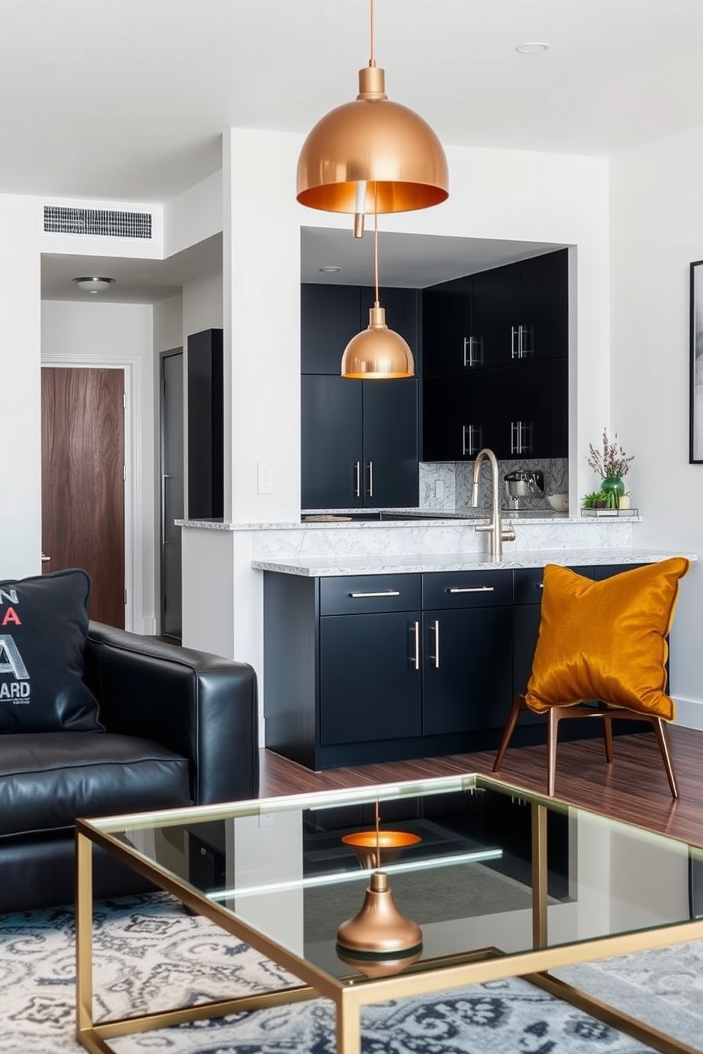 A modern apartment featuring a blend of metal finishes. The living room showcases a sleek brass coffee table paired with a stainless steel sofa frame, creating a striking contrast. The kitchen boasts matte black cabinets with polished chrome handles, complemented by a copper pendant light above the island. This harmonious mix of metals adds depth and sophistication to the overall design.