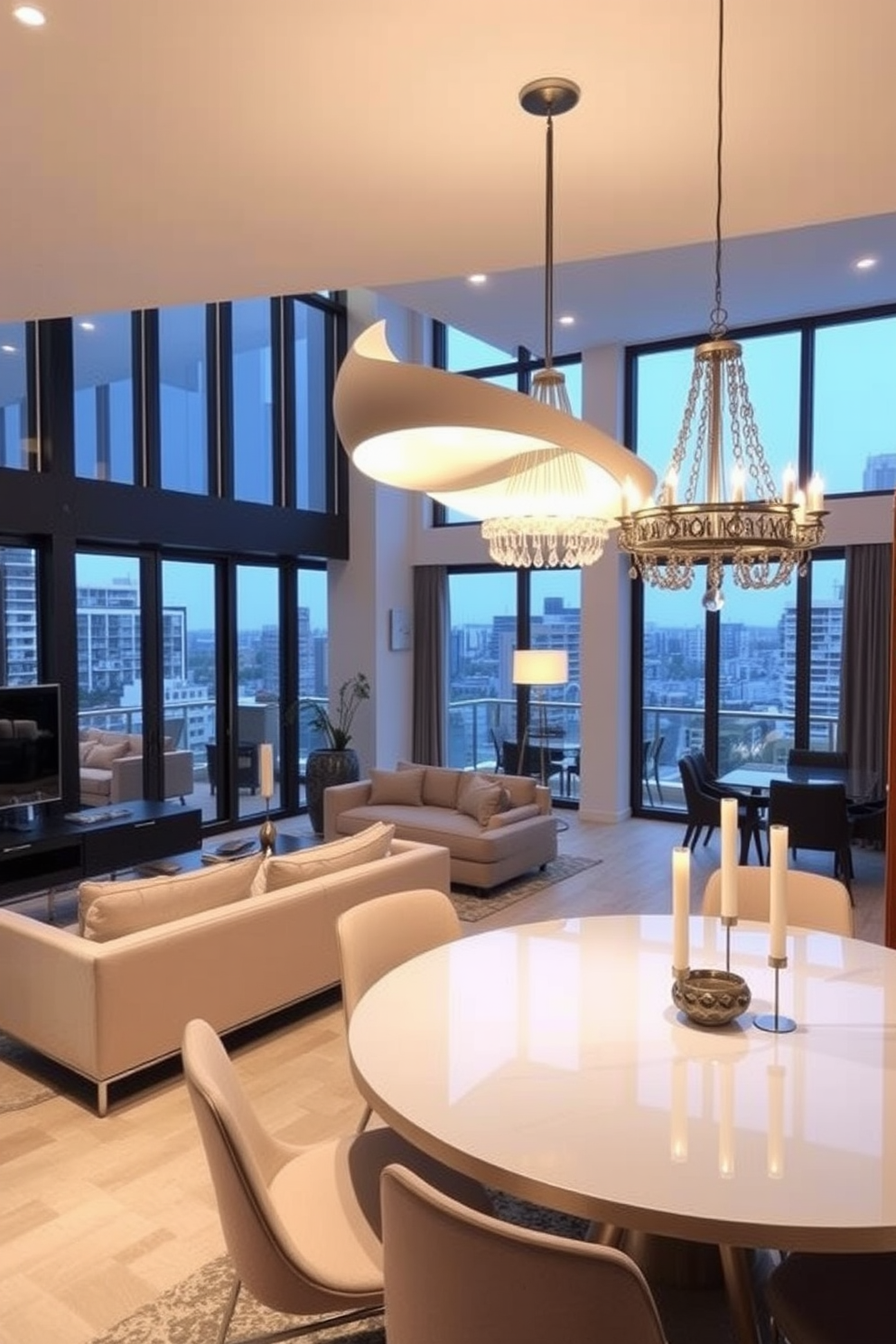 A modern apartment design featuring statement lighting fixtures as focal points. The living area showcases a large, sculptural pendant light that draws the eye and complements the sleek furniture. In the dining space, an elegant chandelier hangs above a minimalist table, creating a warm and inviting atmosphere. Large windows allow natural light to flood the room, enhancing the overall aesthetic of contemporary living.