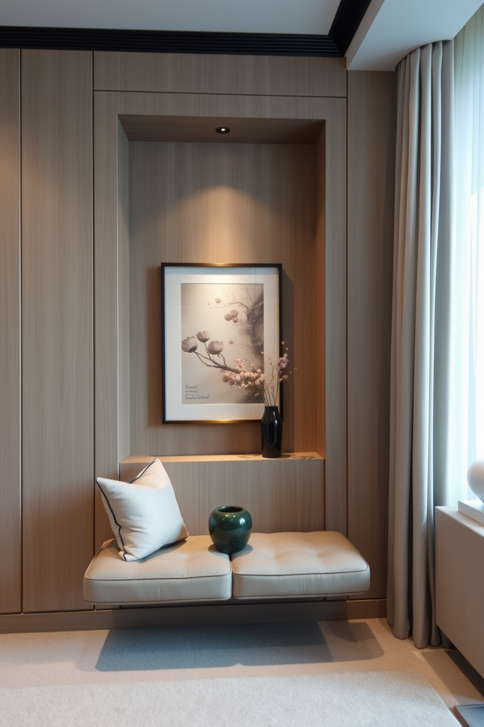 Wall niches for decorative displays create an elegant focal point in a modern apartment. These niches can be designed with recessed lighting to highlight artwork or decorative objects, enhancing the overall ambiance of the space.