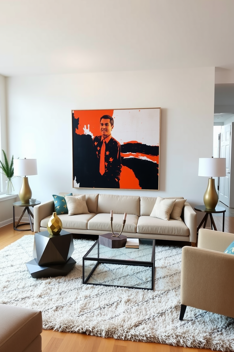 A modern apartment living room featuring bold artwork that serves as a striking conversation piece. The walls are painted in a soft neutral tone to enhance the vibrancy of the artwork, which is prominently displayed above a sleek, contemporary sofa. Incorporate a stylish coffee table with geometric shapes and a plush area rug that adds warmth to the space. Large windows allow natural light to flood the room, highlighting the curated decor and creating an inviting atmosphere.