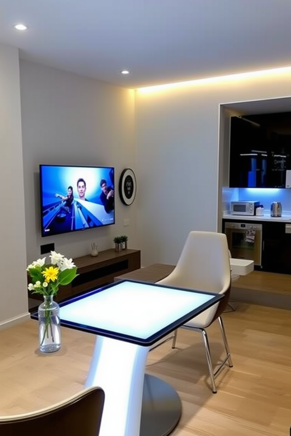 A modern apartment featuring smart home technology seamlessly integrated throughout the space. The living room showcases a sleek entertainment system controlled by voice commands, with automated lighting that adjusts based on the time of day. The kitchen is equipped with smart appliances that can be monitored and controlled remotely. A stylish dining area includes a smart table that can adjust its height and lighting to create the perfect ambiance for every meal.