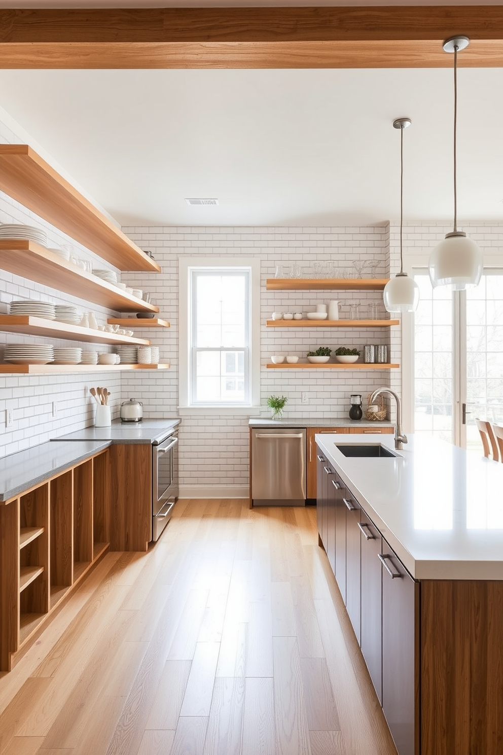 Open shelving in a modern kitchen creates an inviting and accessible atmosphere. The shelves are made of light wood, displaying neatly arranged dishes and glassware, complemented by a backdrop of white subway tiles. The kitchen features sleek stainless steel appliances and a large island with bar seating. Natural light floods the space through large windows, enhancing the minimalist aesthetic and highlighting the warm tones of the wood.