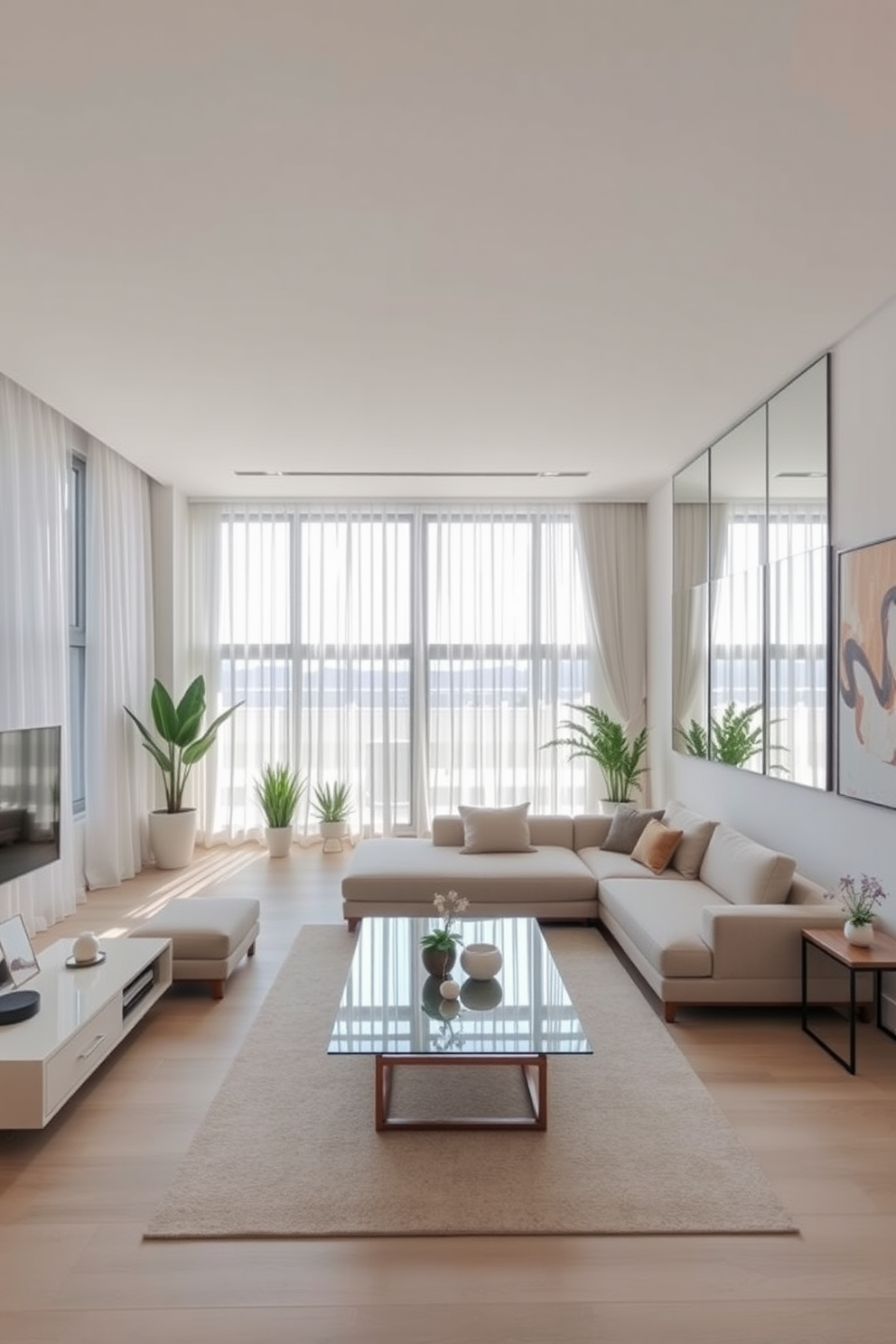 A modern apartment design featuring an open concept living area that maximizes natural light. The space includes large floor-to-ceiling windows with sheer curtains, a sleek sectional sofa in neutral tones, and a minimalist coffee table made of glass and metal. Incorporating mirrors strategically on the walls to reflect light and create a sense of depth throughout the apartment. Decorative elements such as potted plants and abstract artwork complement the contemporary aesthetic while enhancing the overall ambiance.