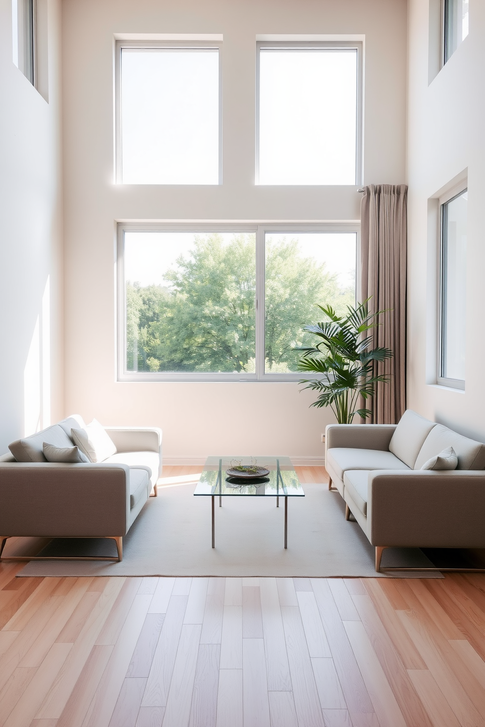 A minimalist living room with sleek furniture featuring clean lines. The color palette is neutral, with a soft gray sofa and a glass coffee table placed on a light wooden floor. In the corner, a tall indoor plant adds a touch of greenery. Large windows allow natural light to flood the space, enhancing the airy feel of the modern apartment.