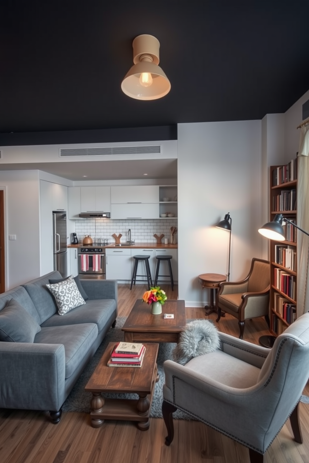 A modern apartment with a cohesive color scheme that flows seamlessly from room to room. The living area features a soft gray sofa paired with pastel accent pillows, while the dining space showcases a sleek white table surrounded by matching chairs. The kitchen boasts minimalist cabinetry in a soft beige, complemented by a subtle backsplash that enhances the overall aesthetic. Natural light floods the space through large windows, highlighting the harmonious blend of colors and textures throughout the apartment.