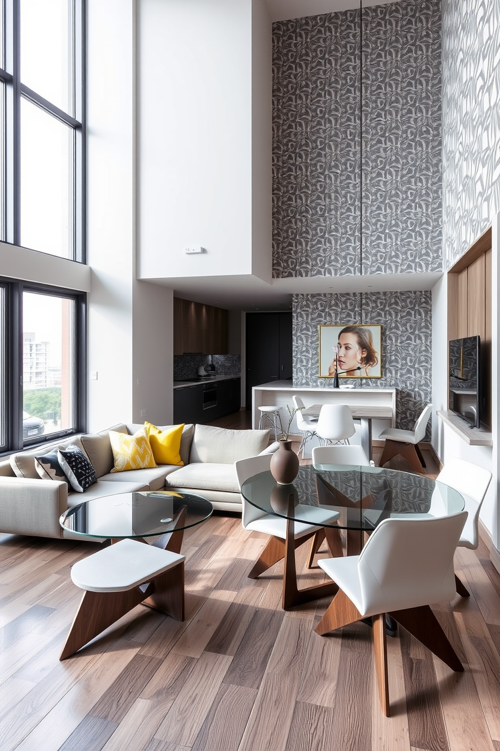 A modern apartment featuring a spacious living area with geometric patterned wallpaper in shades of gray and white. The furniture includes a sleek sectional sofa adorned with colorful throw pillows and a glass coffee table with a geometric base. The dining area showcases a round table surrounded by chairs with unique geometric designs. Large windows allow natural light to flood the space, highlighting the contrasting textures of wood and metal throughout the apartment.