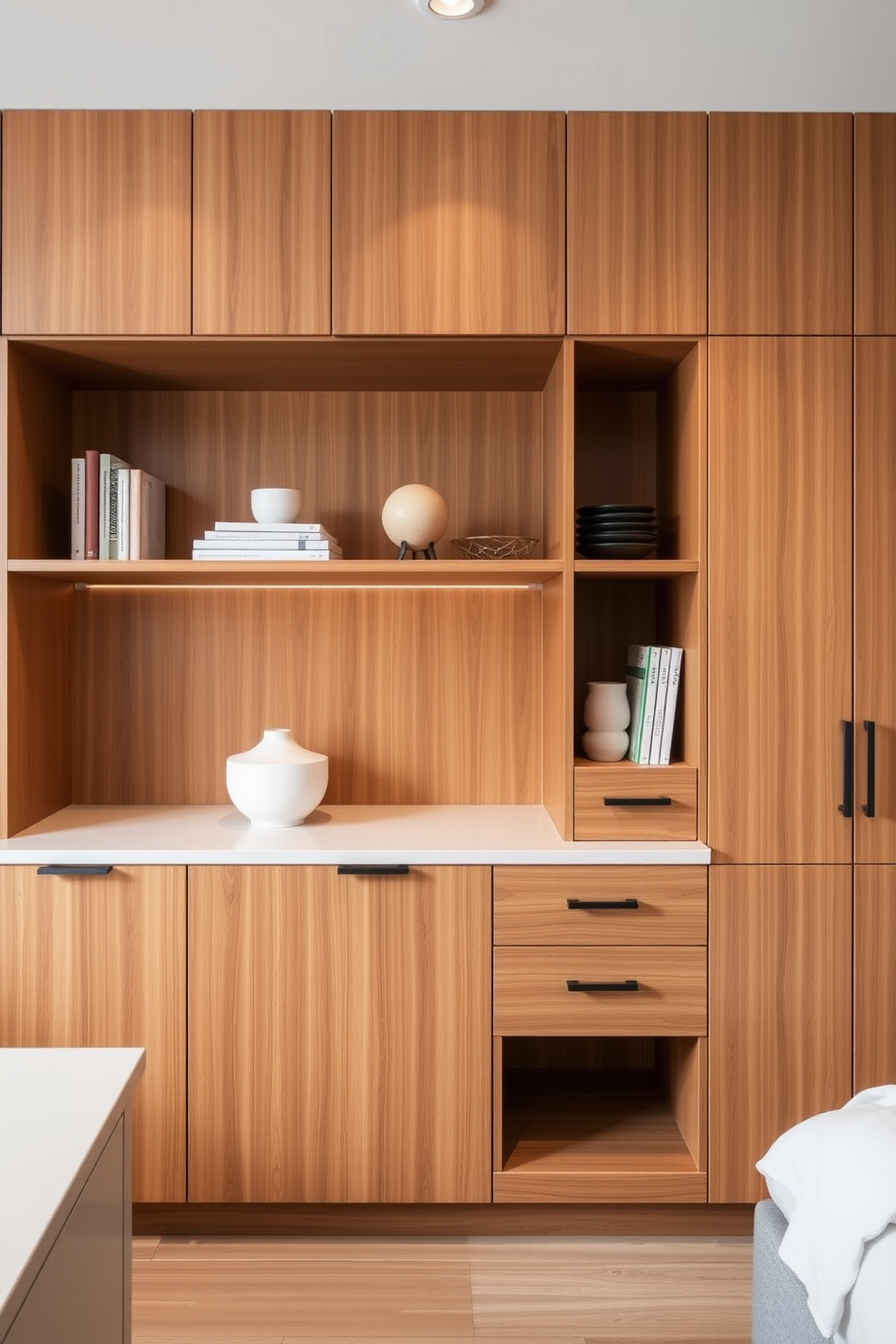 Custom cabinetry designed for tailored storage complements the sleek lines of modern apartment aesthetics. The cabinetry features a blend of warm wood tones and minimalist hardware, seamlessly integrating into the overall design. Open shelving above the cabinets showcases curated decor items, while hidden compartments provide a clutter-free environment. The combination of functionality and style enhances both the practicality and visual appeal of the space.