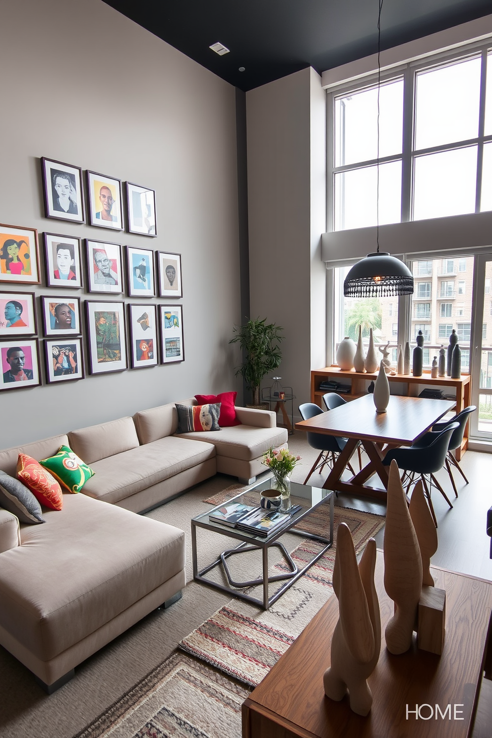 A modern apartment living room featuring a sleek sectional sofa in a neutral tone, accented by vibrant throw pillows showcasing personal art pieces. A gallery wall is adorned with framed artwork, creating a focal point above a minimalist coffee table made of glass and metal. The dining area includes a stylish wooden table surrounded by designer chairs, with a unique pendant light hanging above. Large windows allow natural light to flood the space, highlighting a collection of contemporary sculptures displayed on a nearby shelf.