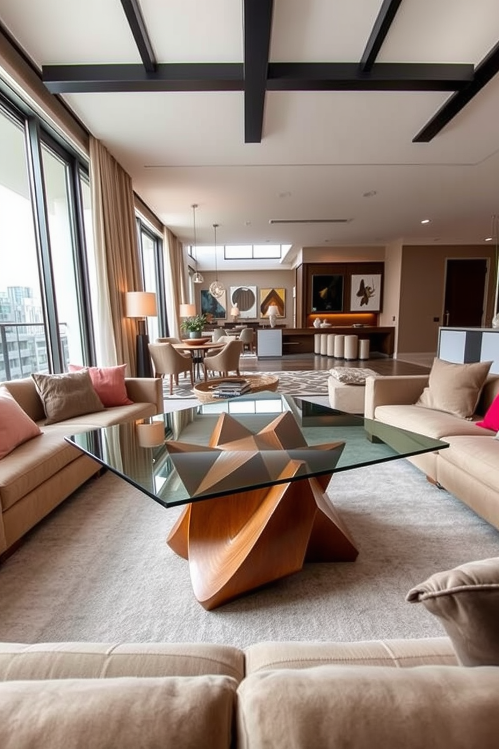 A unique coffee table design features a geometric glass top supported by an intricate wooden base that adds an artistic flair to the room. Surrounding the table are plush, contemporary sofas in neutral tones, creating a cozy yet stylish atmosphere. In a modern apartment, the living space incorporates open floor plans with sleek furniture and vibrant accents. Large windows allow natural light to flood the area, enhancing the airy feel of the design.