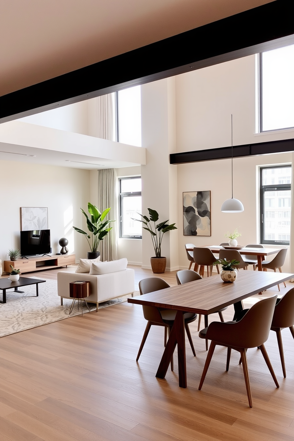 A modern apartment living space showcases a neutral color palette with soft beige walls and light gray furnishings. The open layout features a cozy seating area with a plush sofa and minimalist coffee table, complemented by a stylish area rug. In the dining area, a sleek wooden table is surrounded by contemporary chairs in muted tones. Large windows allow natural light to flood the space, enhancing the airy feel and highlighting decorative elements like potted plants and abstract art.