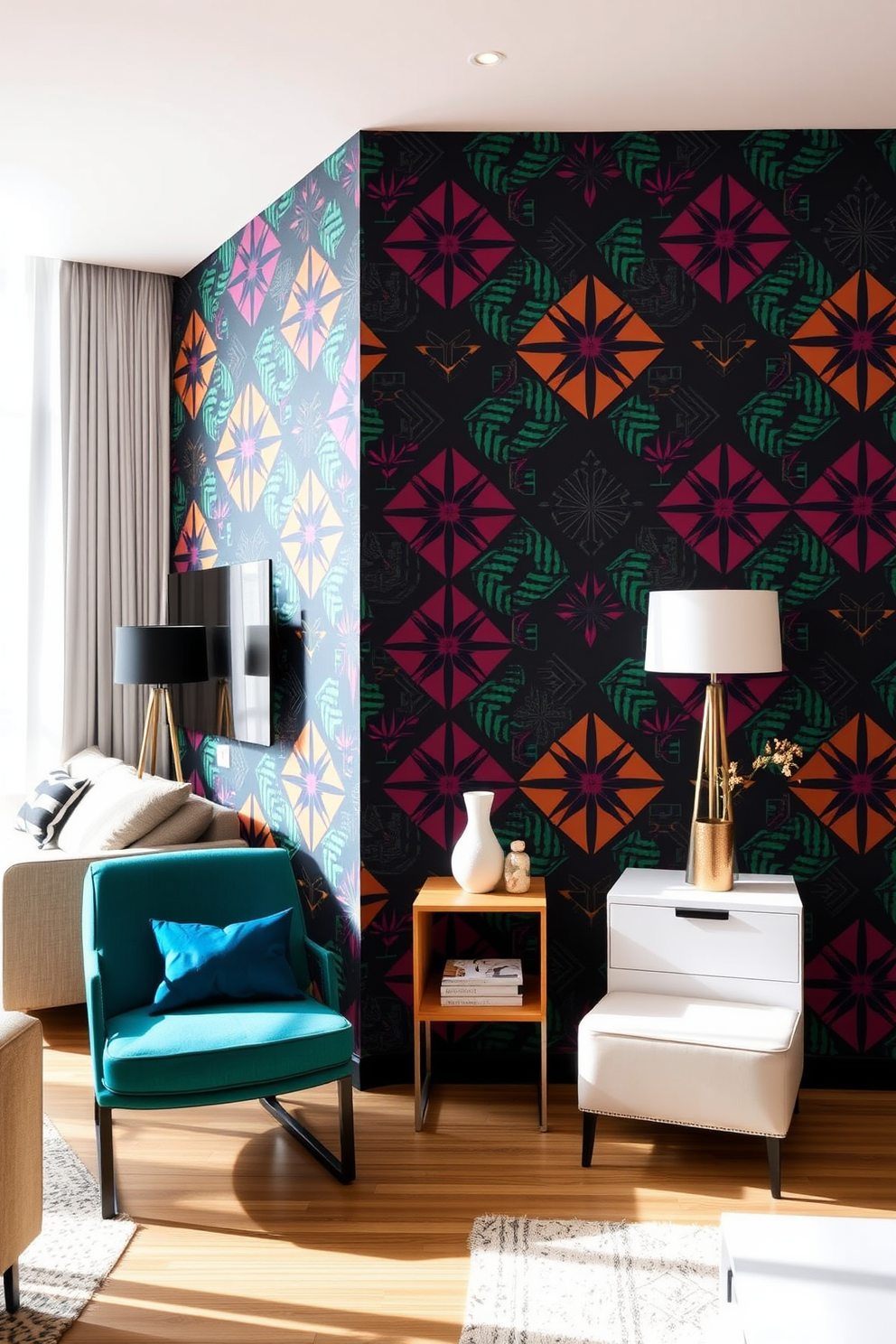 A modern apartment design featuring an accent wall adorned with bold wallpaper that showcases vibrant geometric patterns. The space is filled with natural light, highlighting sleek furniture and contemporary decor that complements the striking wall design.