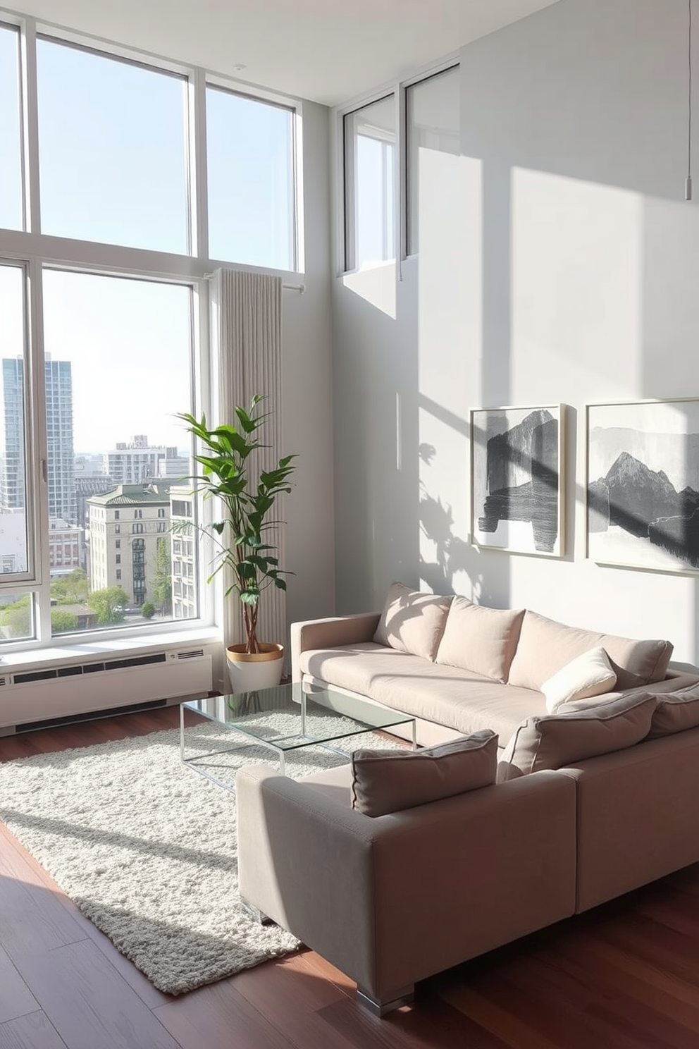 A modern apartment living room featuring large windows that allow natural light to flood the space. There is a sleek sectional sofa in a neutral color, paired with a glass coffee table and a plush area rug underneath. In one corner, a tall indoor plant adds a touch of freshness and vibrancy to the room. The walls are painted in a soft gray, and abstract artwork adorns them, enhancing the contemporary feel of the space.