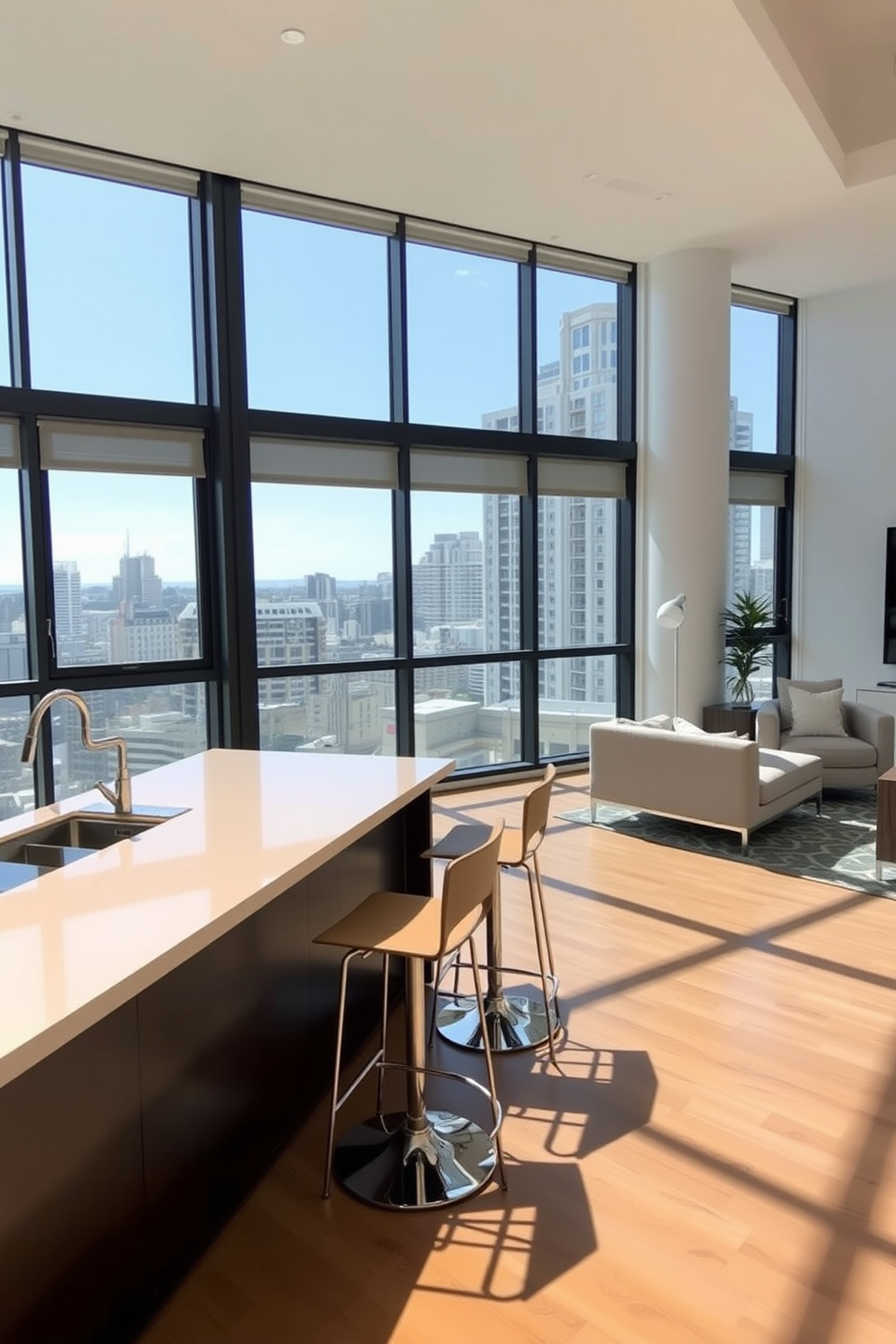 A modern apartment with large windows that flood the space with natural light. The open floor plan features a sleek kitchen with an island, stylish bar stools, and contemporary furnishings in the living area.