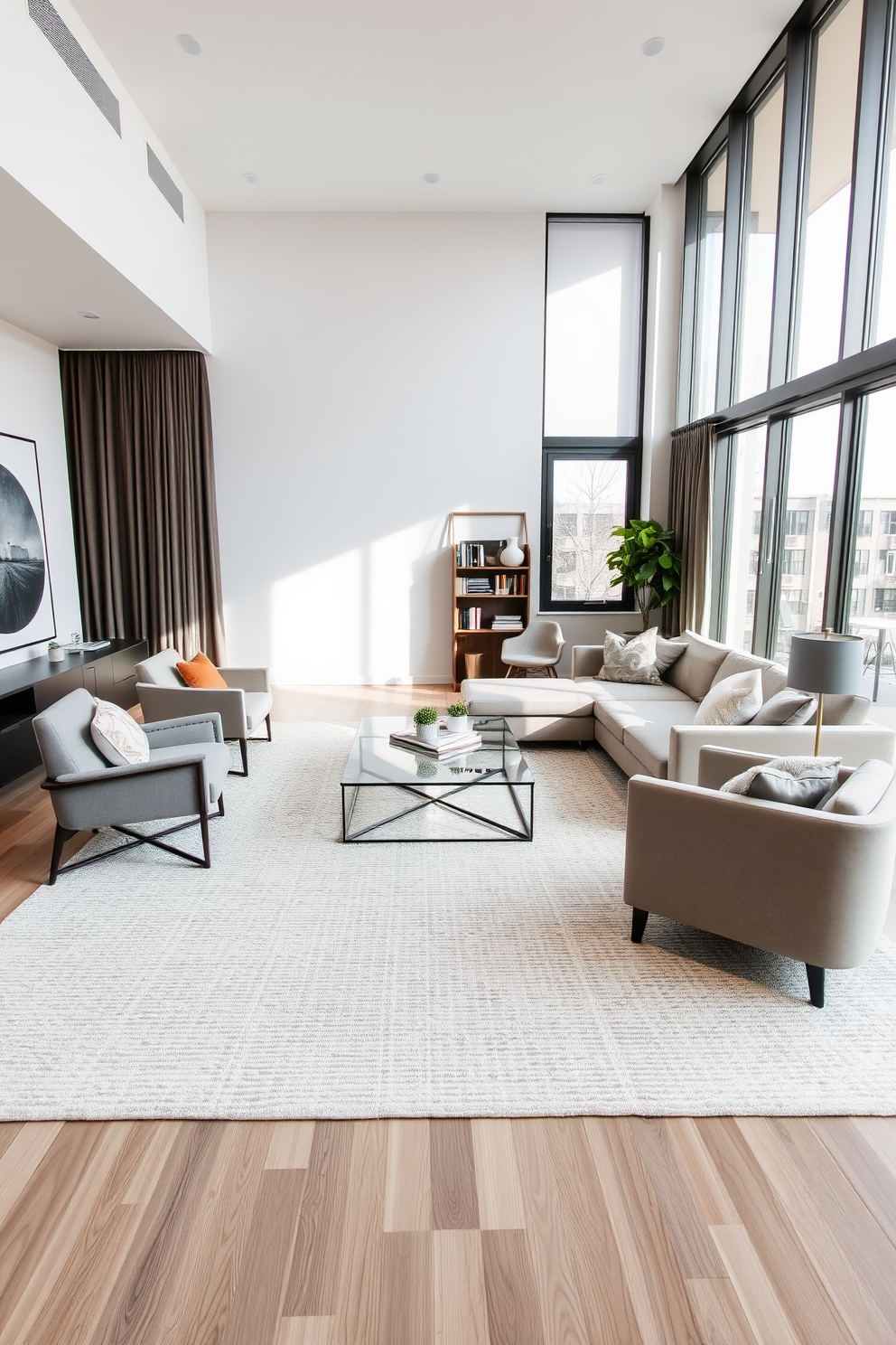 A modern apartment living room features a large textured rug in soft neutral tones that adds warmth and comfort to the space. The rug is placed under a sleek coffee table surrounded by a stylish sectional sofa and contemporary accent chairs. The walls are adorned with minimalist artwork, and large windows allow natural light to flood the room. A cozy reading nook with a plush armchair and a small bookshelf is situated in one corner, creating an inviting atmosphere.