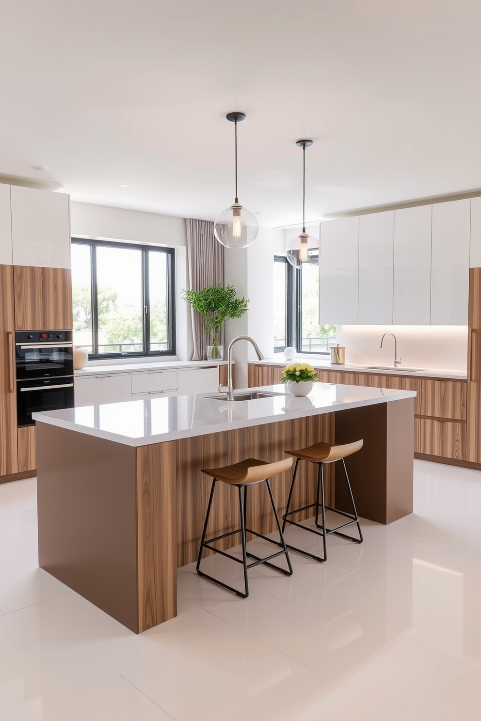 A sleek kitchen island designed for additional seating features a polished quartz countertop with bar stools tucked neatly underneath. The cabinetry is a blend of matte white and natural wood finishes, creating a harmonious and inviting atmosphere in the modern apartment. The island is complemented by stylish pendant lighting that hangs above, casting a warm glow over the space. Large windows allow natural light to flood in, enhancing the open layout and contemporary aesthetic of the kitchen.