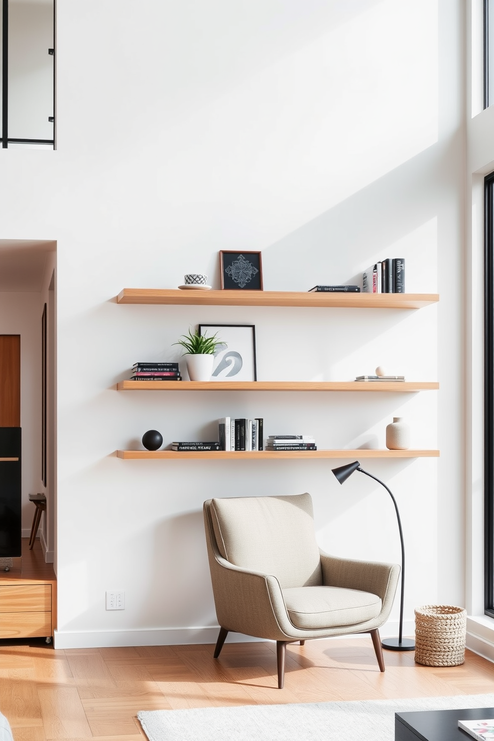 A sleek living room featuring floating shelves that provide modern storage solutions. The shelves are made of light wood and are elegantly mounted on a white wall, showcasing decorative items and books. Incorporate a cozy reading nook with a plush armchair positioned beneath the shelves. Large windows allow natural light to flood the space, enhancing the contemporary apartment design.