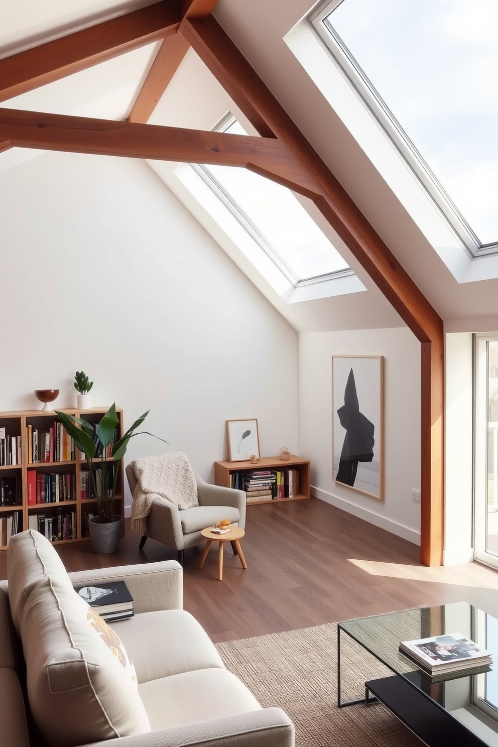 Cozy reading nook with skylights. A plush armchair is positioned next to a small wooden side table, surrounded by shelves filled with books. Natural light floods the space through large skylights, illuminating the soft textures of a knitted throw and a stack of magazines. A potted plant sits in the corner, adding a touch of greenery to the serene atmosphere. Modern attic design ideas. The open space features sleek lines with minimalist furniture, including a low-profile sofa and a glass coffee table. Exposed beams add character to the room, while large windows provide stunning views and ample light. A neutral color palette enhances the contemporary feel, complemented by bold artwork on the walls.