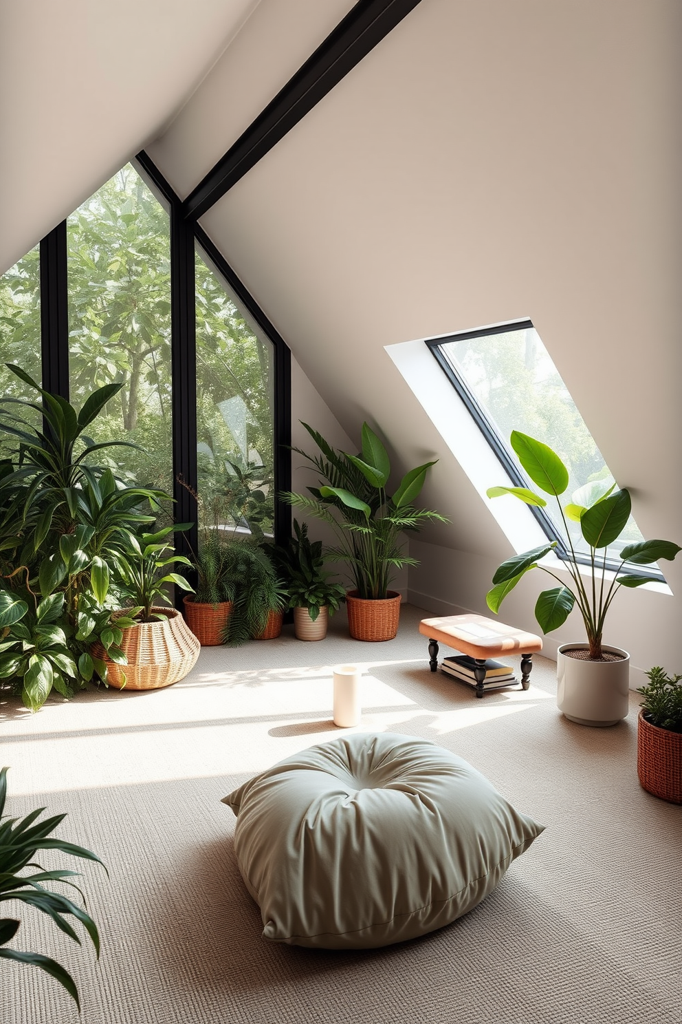 A relaxing meditation corner with plants. The space features a soft floor cushion surrounded by lush greenery, creating a tranquil atmosphere. Modern attic design ideas. The room showcases sloped ceilings with large windows, allowing natural light to flood in, complemented by minimalist furniture and a cozy reading nook.