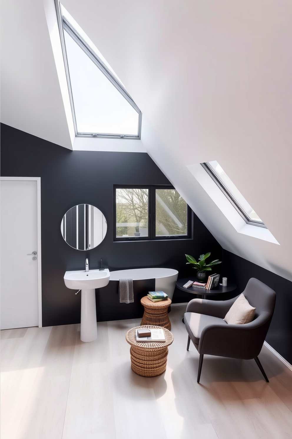 Sleek bathroom with a skylight feature. The space is illuminated by natural light pouring in through the skylight, highlighting the minimalist design elements. Modern attic design ideas. The room features sloped ceilings with large windows, creating an airy atmosphere complemented by contemporary furnishings and a cozy reading nook.