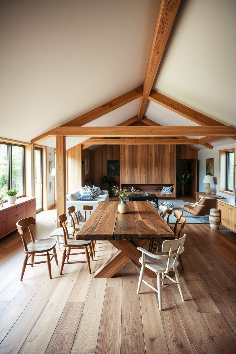 Elegant seating area with floor cushions. The space features a low wooden table surrounded by plush floor cushions in various colors and patterns. Modern attic design ideas. The attic is transformed with sleek furniture, large windows allowing natural light, and a cozy reading nook with built-in shelves.