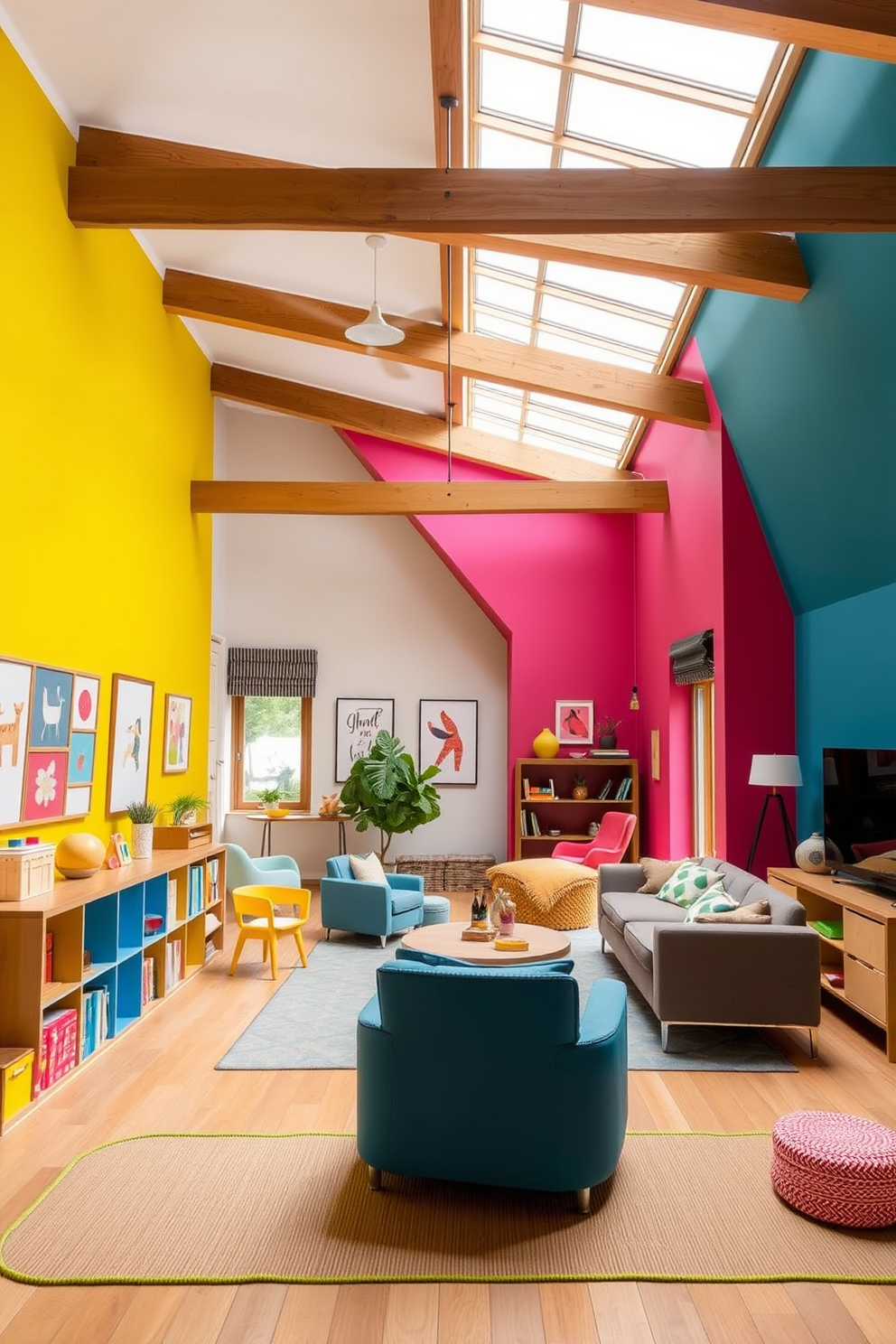 A vibrant playroom filled with colorful decor. The walls are painted in bright hues, and playful artwork adorns the space, creating an inviting atmosphere for children. A cozy attic designed for modern living. Exposed wooden beams highlight the ceiling, while large windows allow natural light to flood in, showcasing minimalist furniture and stylish decor.