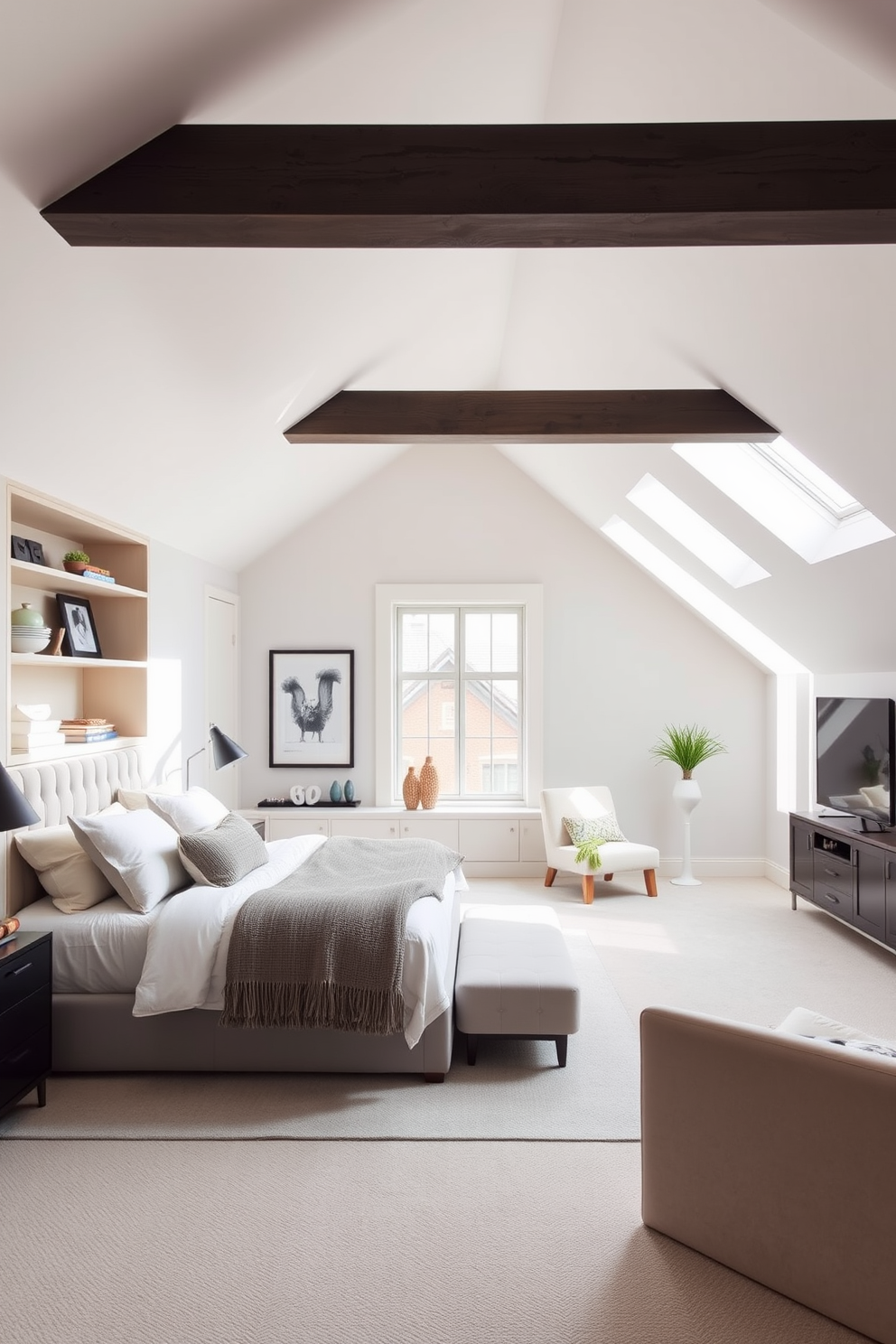 A sleek modern bathroom with attic charm features a sloped ceiling adorned with exposed wooden beams. The walls are painted in a crisp white, creating a bright and airy atmosphere, while a freestanding soaking tub sits beneath a large skylight. A minimalist vanity made of light wood complements the space, with a vessel sink and a brushed nickel faucet. A plush area rug in soft gray adds warmth, and potted plants bring a touch of nature to the design.