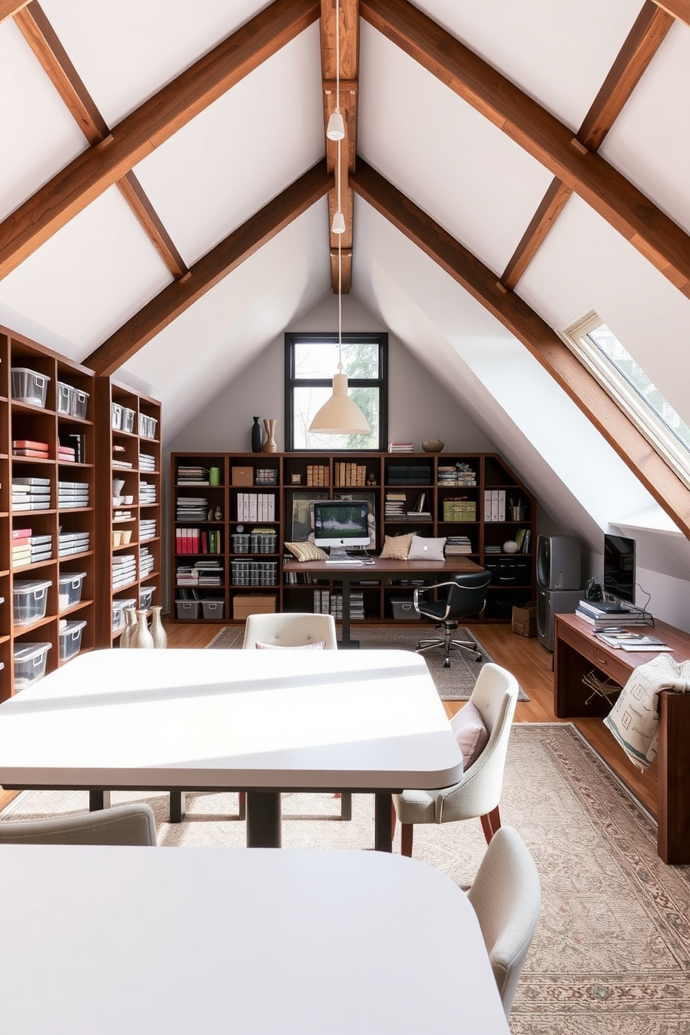 A contemporary craft room features a spacious table with a smooth surface surrounded by comfortable chairs. Shelving units line the walls, filled with neatly organized supplies in clear containers for easy access. The modern attic design showcases exposed beams and large windows that flood the space with natural light. A cozy seating area with plush cushions invites relaxation, while a stylish desk provides a perfect workspace.