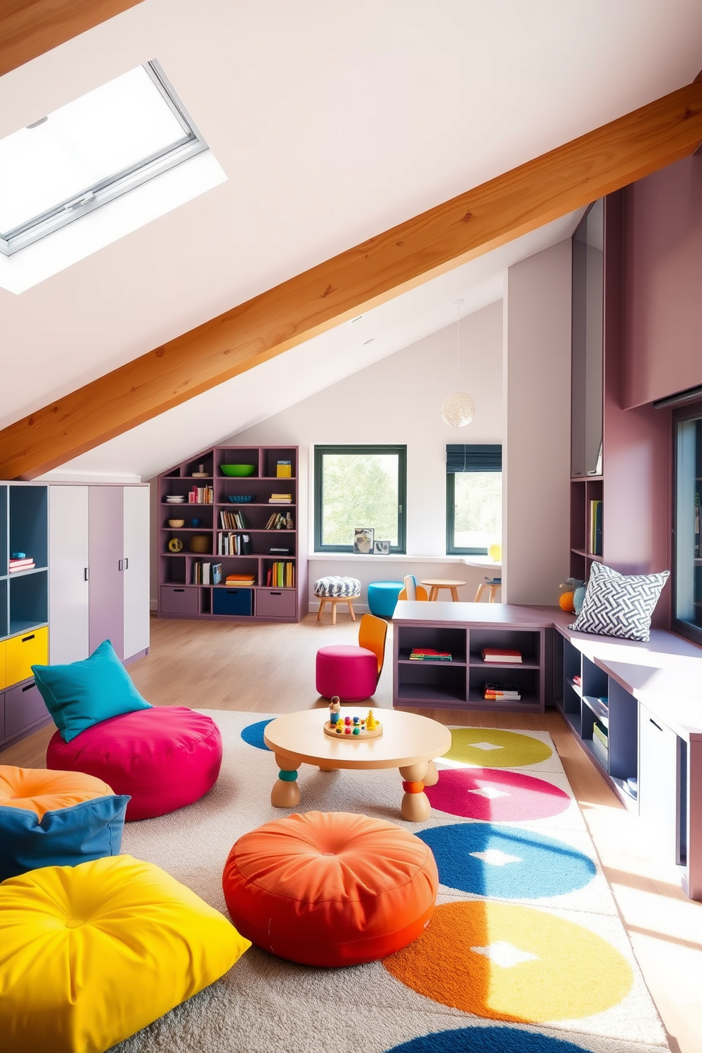 A bright play area filled with colorful and playful furniture. The space features a soft rug, bean bags, and a low table for games and activities. Modern attic design ideas that maximize natural light and space. The design includes sleek furniture, built-in shelving, and a cozy reading nook by the window.