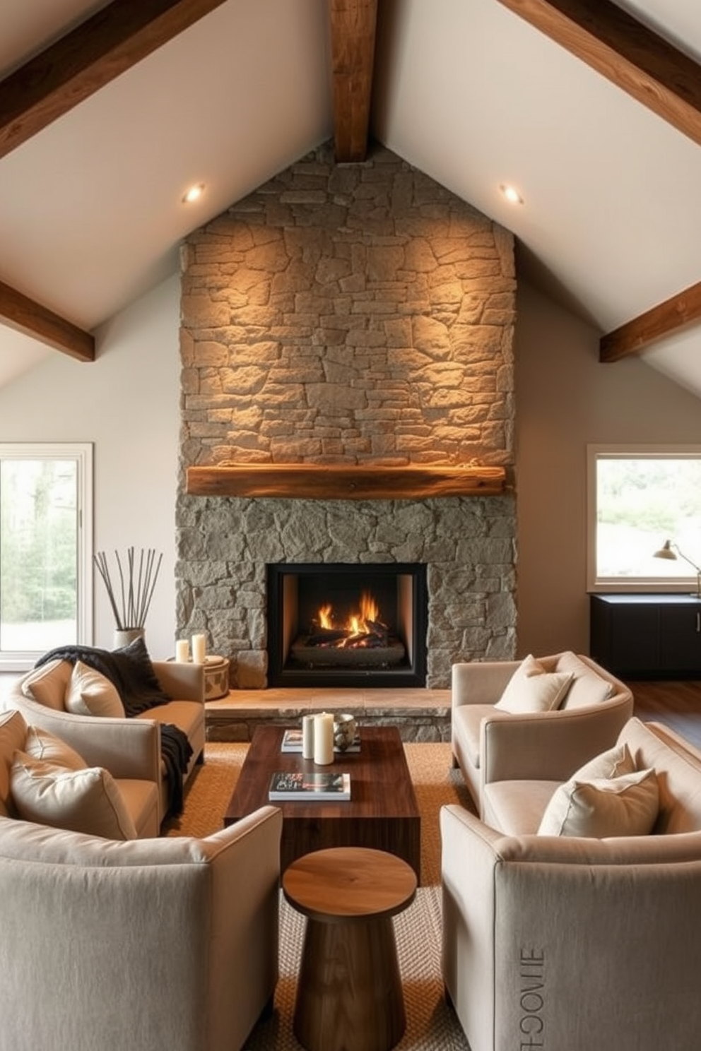 A warm fireplace feature creates a cozy atmosphere with a stone surround and a rustic wooden mantel. Plush seating is arranged in front of the fireplace, complemented by soft throw blankets and ambient lighting for a welcoming feel. Modern attic design ideas incorporate sleek lines and open spaces with large windows allowing natural light to flood in. Minimalist furniture and a neutral color palette enhance the airy ambiance, making the attic a stylish retreat.