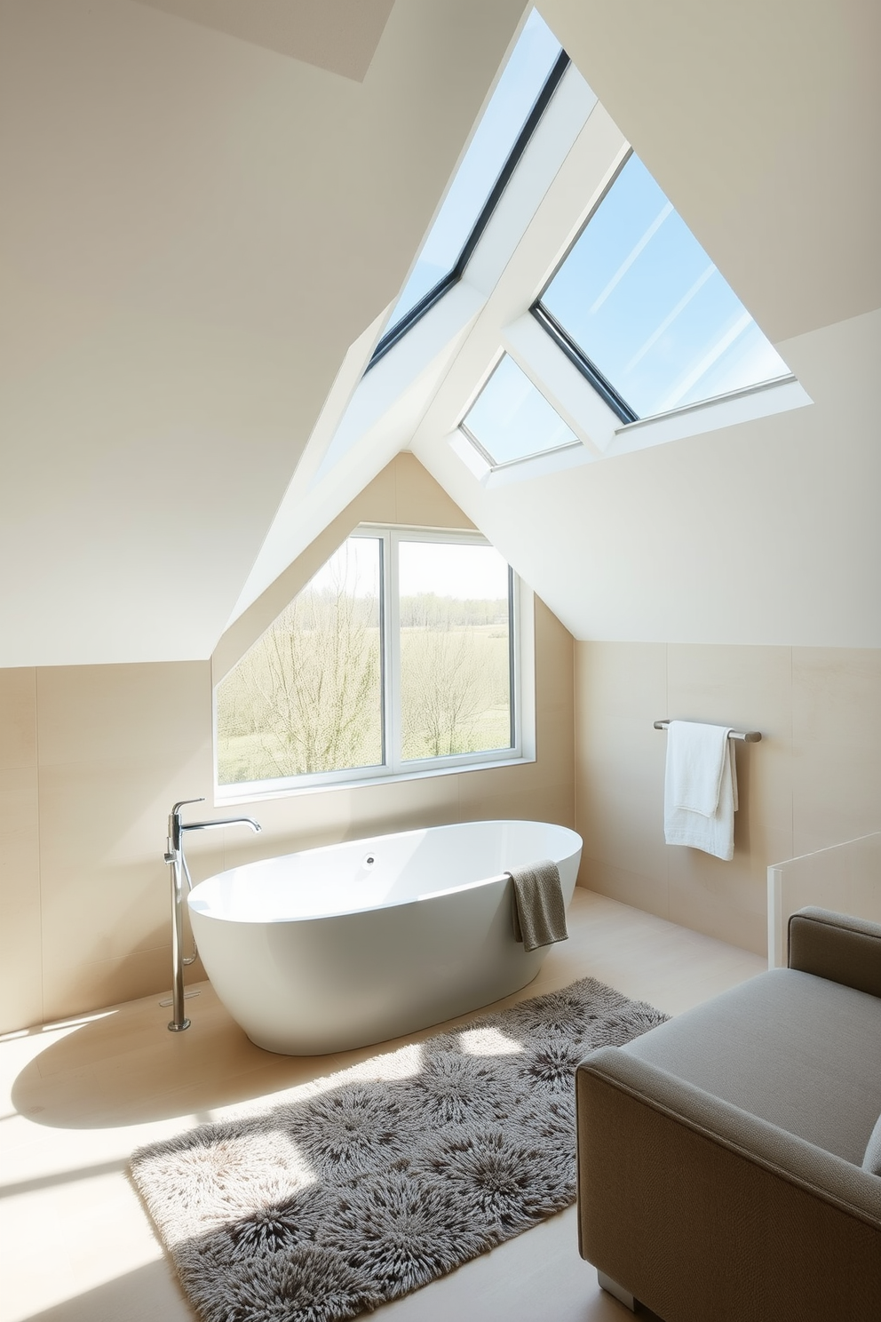 A luxurious spa-like bathroom retreat featuring a freestanding soaking tub positioned under a large window that allows natural light to flood the space. The walls are adorned with soft beige tiles, and a plush area rug lies beneath the tub, creating a warm and inviting atmosphere. Modern attic design ideas that incorporate sleek lines and minimalist furniture to maximize space. Large skylights open up the area, allowing for ample light while the color palette consists of cool grays and whites to enhance the contemporary feel.