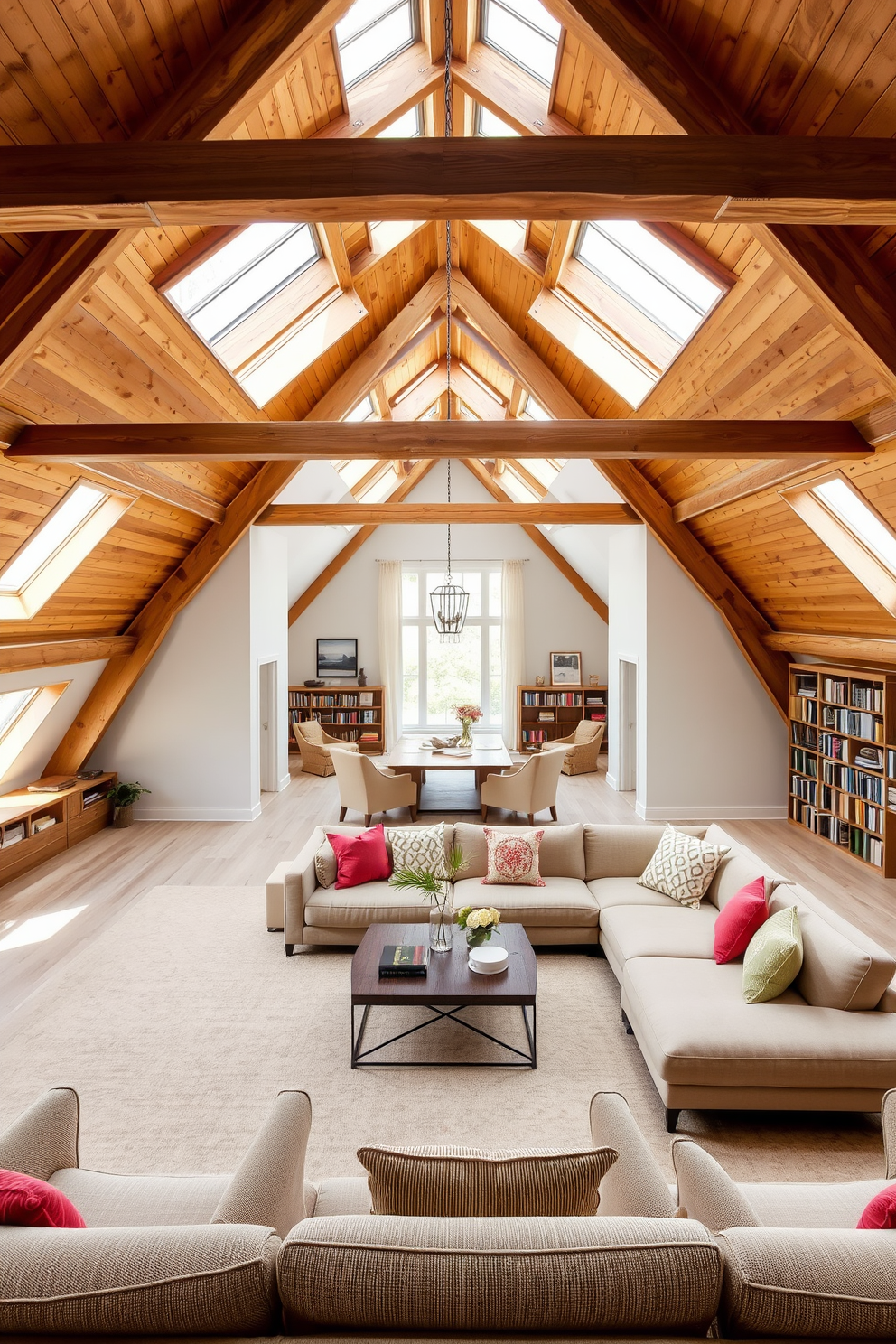 Open concept living area with exposed wooden beams creating a warm and inviting atmosphere. The space features a large sectional sofa in a neutral tone, complemented by colorful throw pillows and a stylish coffee table at the center. Modern attic design ideas showcase a bright and airy space with skylights allowing natural light to flood in. Cozy reading nooks are created with plush armchairs and built-in bookshelves, enhancing the charm of the attic retreat.