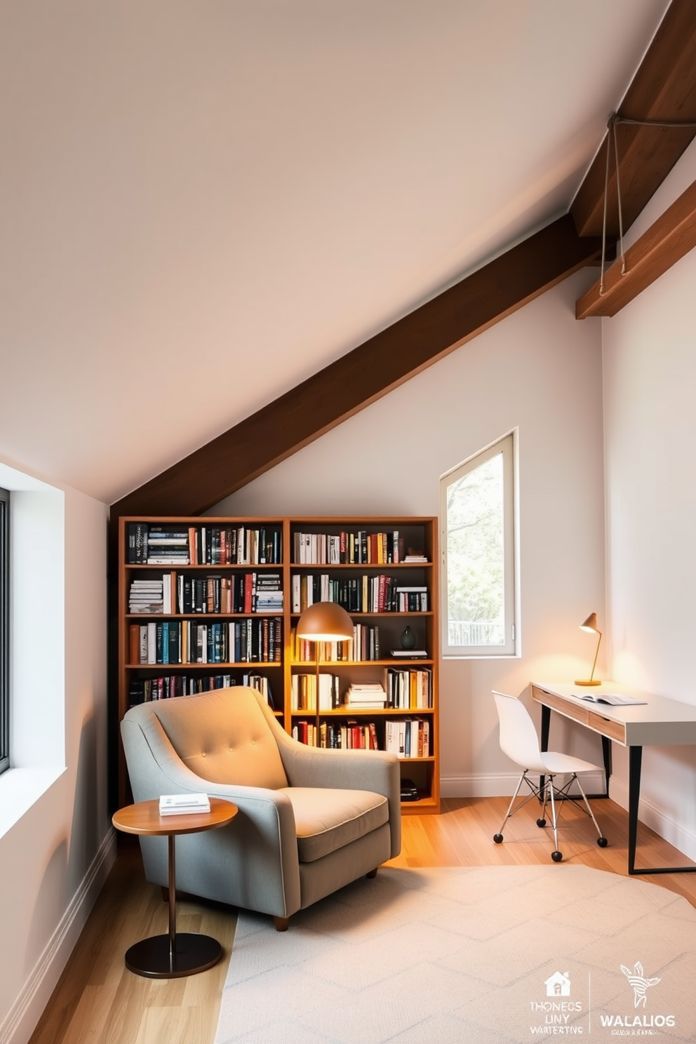 Inviting lounge area with bean bags. The space is filled with soft natural light from large skylights, and the walls are painted in a warm beige tone. Cozy bean bags in vibrant colors are scattered around a low wooden coffee table. A plush area rug anchors the seating arrangement, creating a welcoming atmosphere for relaxation and socializing. Modern attic design ideas. The room features exposed wooden beams and large windows that offer stunning views. A sleek minimalist aesthetic is achieved with a neutral color palette and contemporary furniture pieces. Decorative plants add a touch of greenery, enhancing the airy feel of the space.