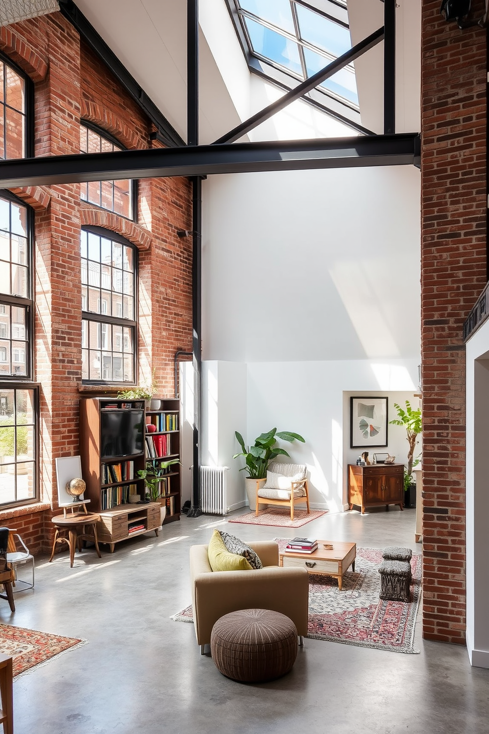 Open loft with industrial design elements featuring exposed brick walls and large metal windows that allow natural light to flood the space. The flooring is polished concrete, and there are vintage furniture pieces mixed with modern accents, creating a stylish yet functional living area. Modern attic design ideas showcasing a cozy reading nook with a built-in bookshelf and a comfortable armchair positioned under a skylight. The walls are painted in soft white tones, and the space is adorned with warm textiles and greenery for a welcoming atmosphere.