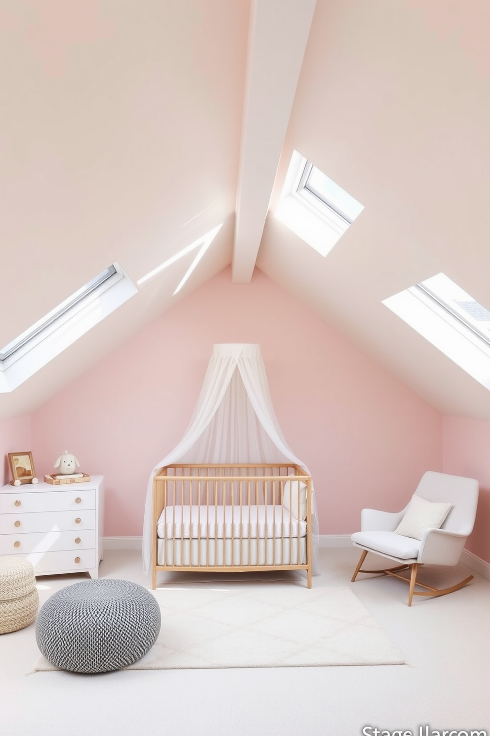 A charming nursery filled with soft pastel colors. The walls are painted in a light blush pink, and a cozy crib with a white canopy is placed in the center of the room. Modern attic design ideas featuring a sleek and open layout. Large skylights flood the space with natural light, highlighting minimalist furniture and a neutral color palette.