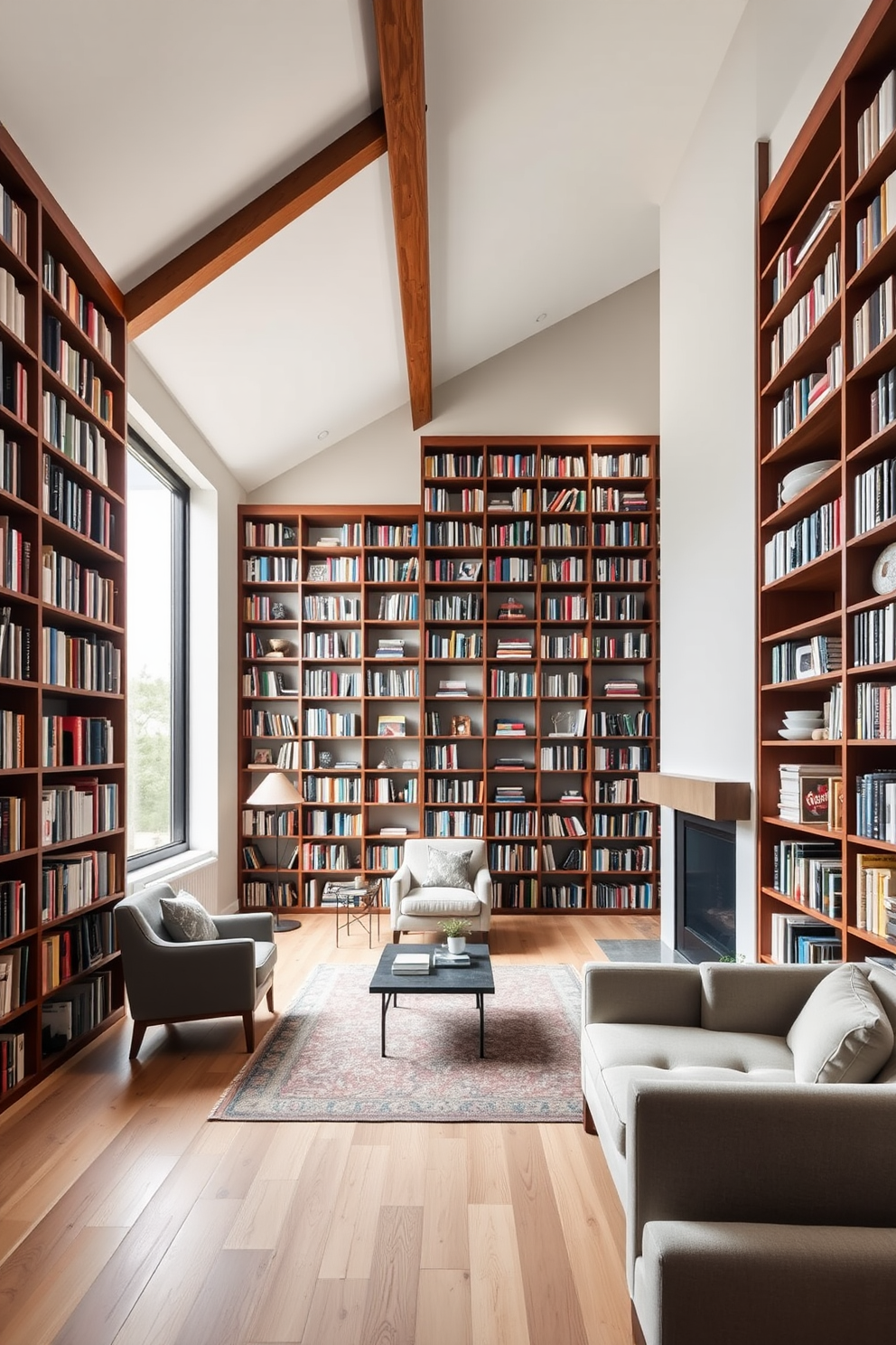 A modern library with floor-to-ceiling bookshelves showcases a sleek design with rich wooden shelves filled with an array of colorful books. A cozy reading nook is created with a plush armchair and a small side table placed near a large window that lets in ample natural light. The modern attic design features exposed beams and a spacious layout that maximizes natural light. Soft, neutral colors adorn the walls, while a stylish area rug anchors a comfortable seating area with contemporary furniture.